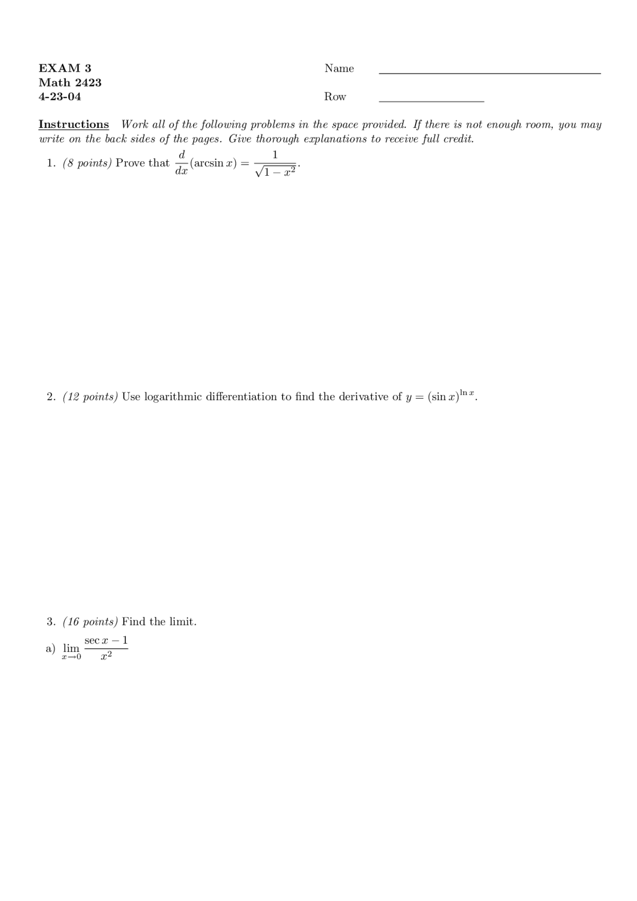 Practice Exam - Calculus and Analytical Geometry II | MATH 2423 - Docsity
