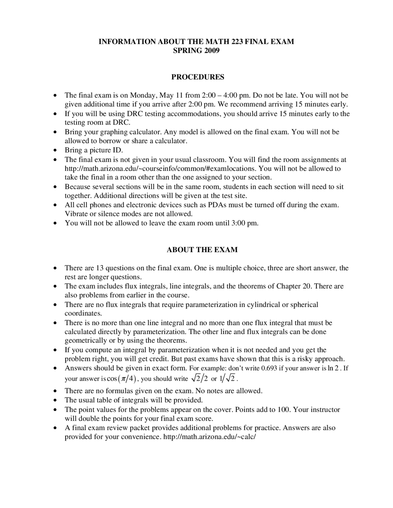 Review Sheet for Final Exam - Vector Calculus | MATH 223 - Docsity