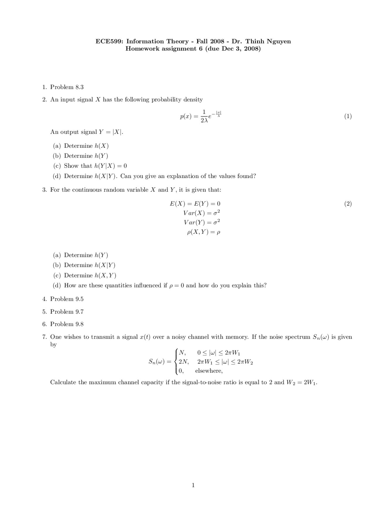 Homework 6 Questions For Information Theory Fall 08 Ece 599 Docsity