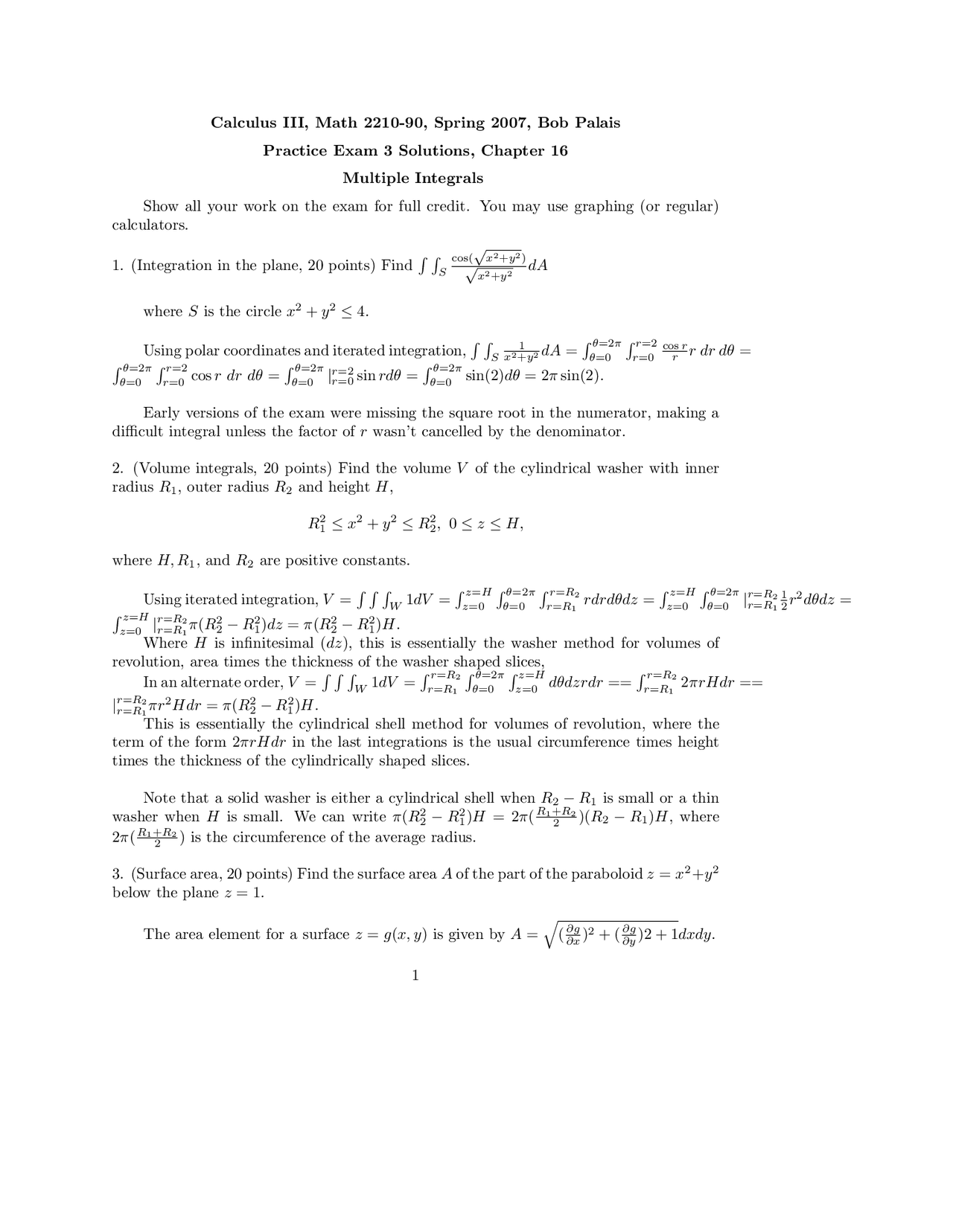 Solved Practice Exam 3 for Calculus III - Fall 2007 | MATH 2210 - Docsity