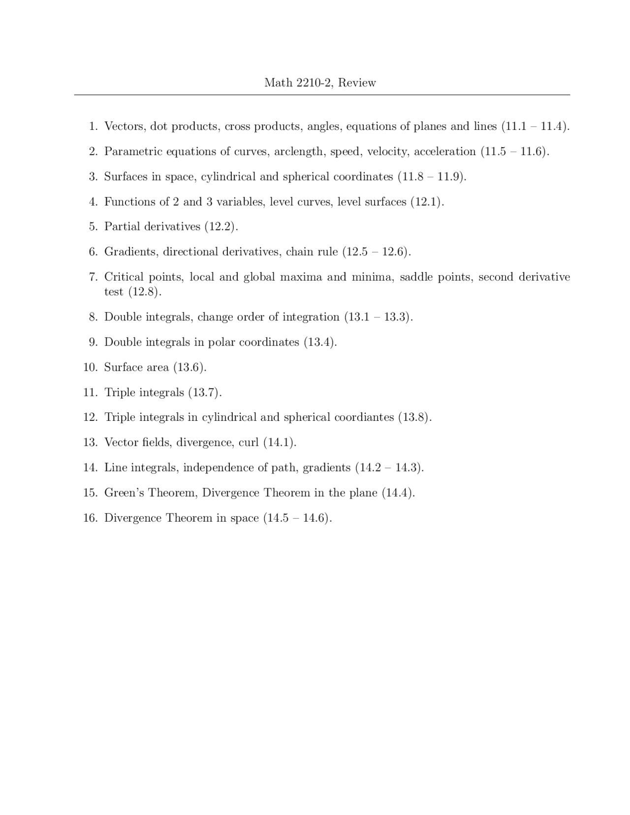Review Sheet for Exam 12 - Calculus III | MATH 2210 - Docsity