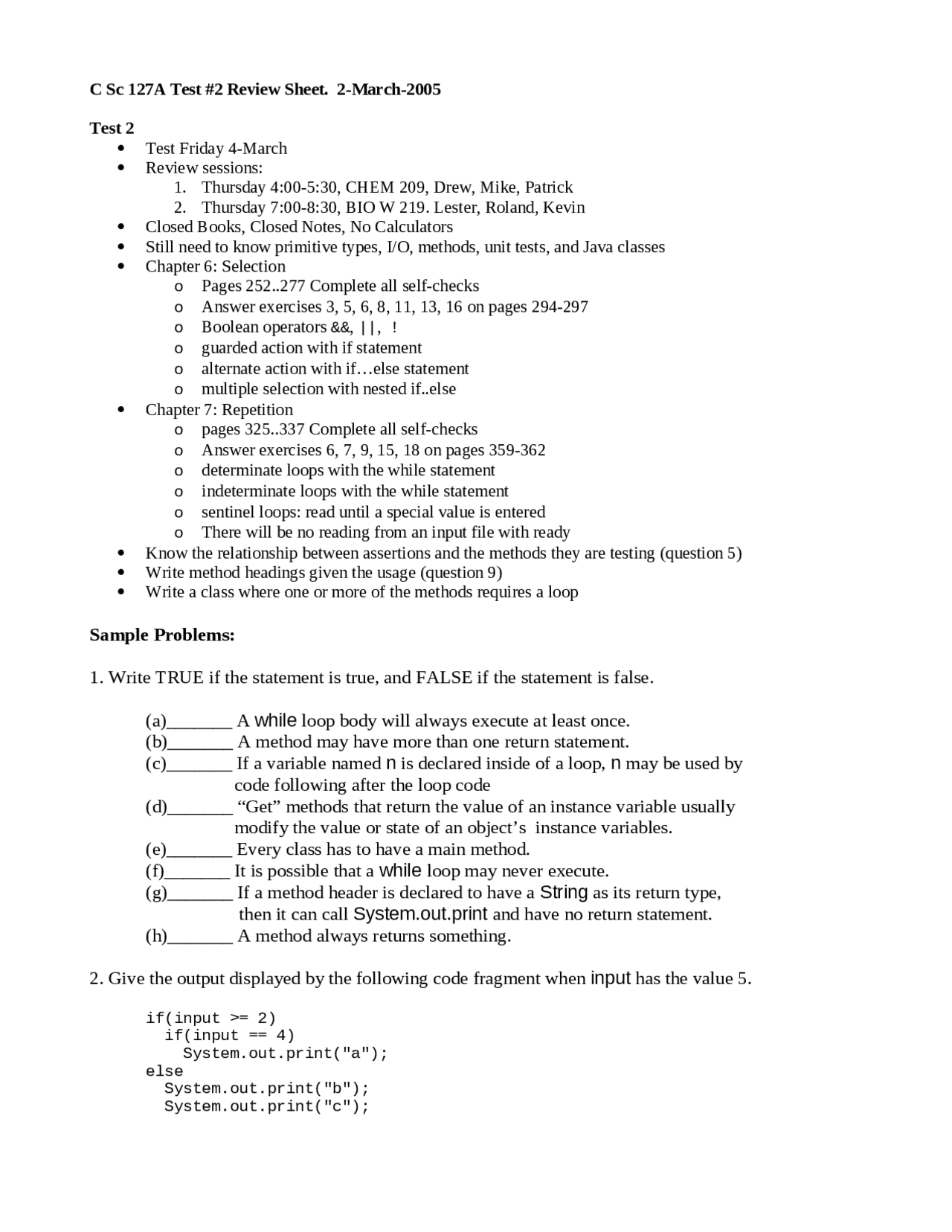 Computer Science Revie Sheets Review Sheet for Exam 2 - Introduction to Computer Science | C SC 127A ...