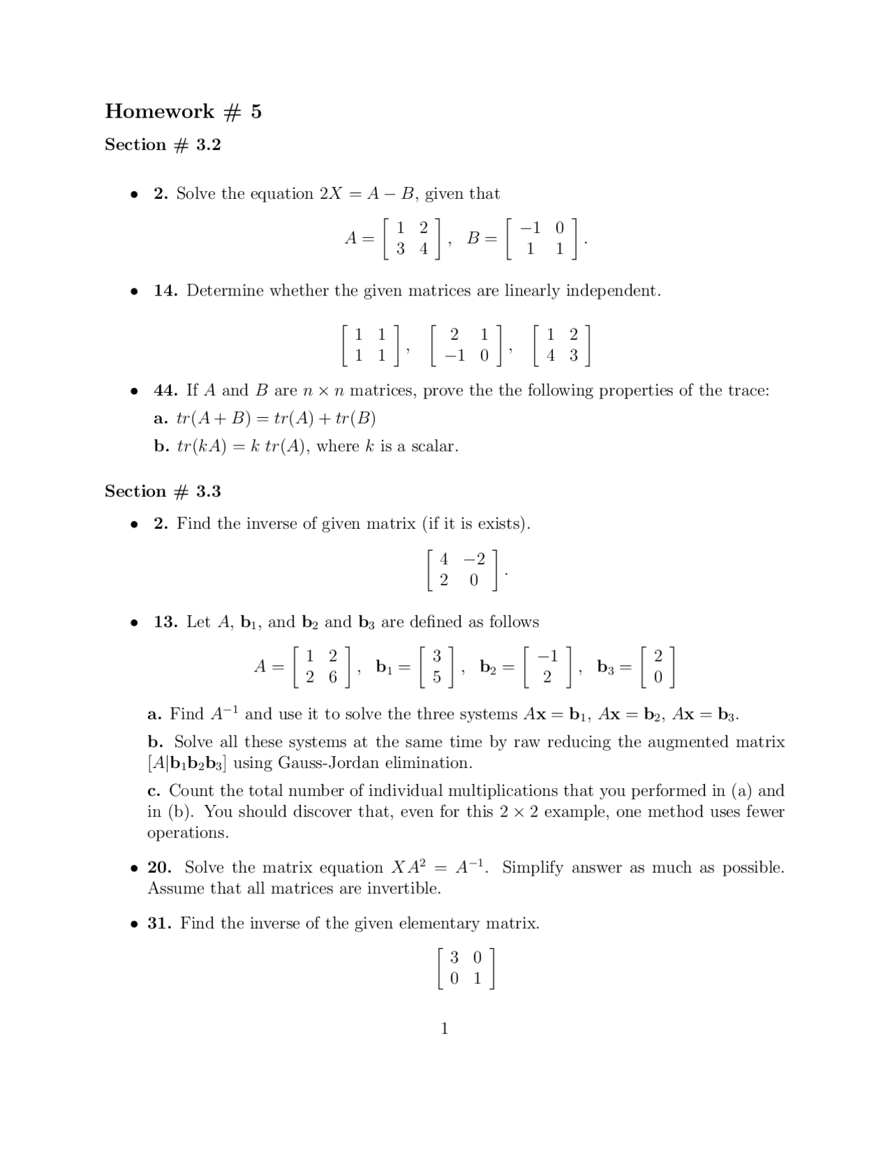 Homework 5 for Introduction to Linear Algebra | MATH 215 - Docsity