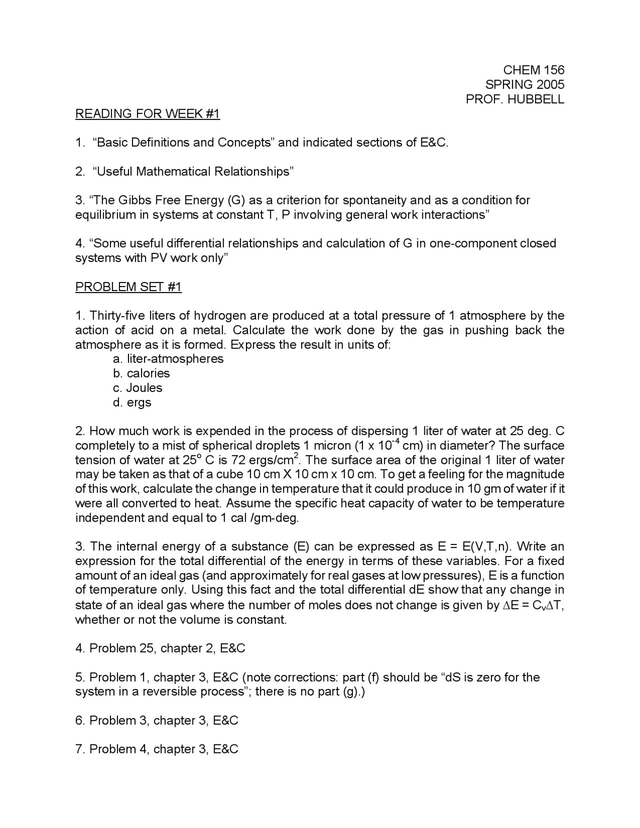 Physical Biochemistry - Problem Set 1 - Spring 2005 | CHEM 156 - Docsity