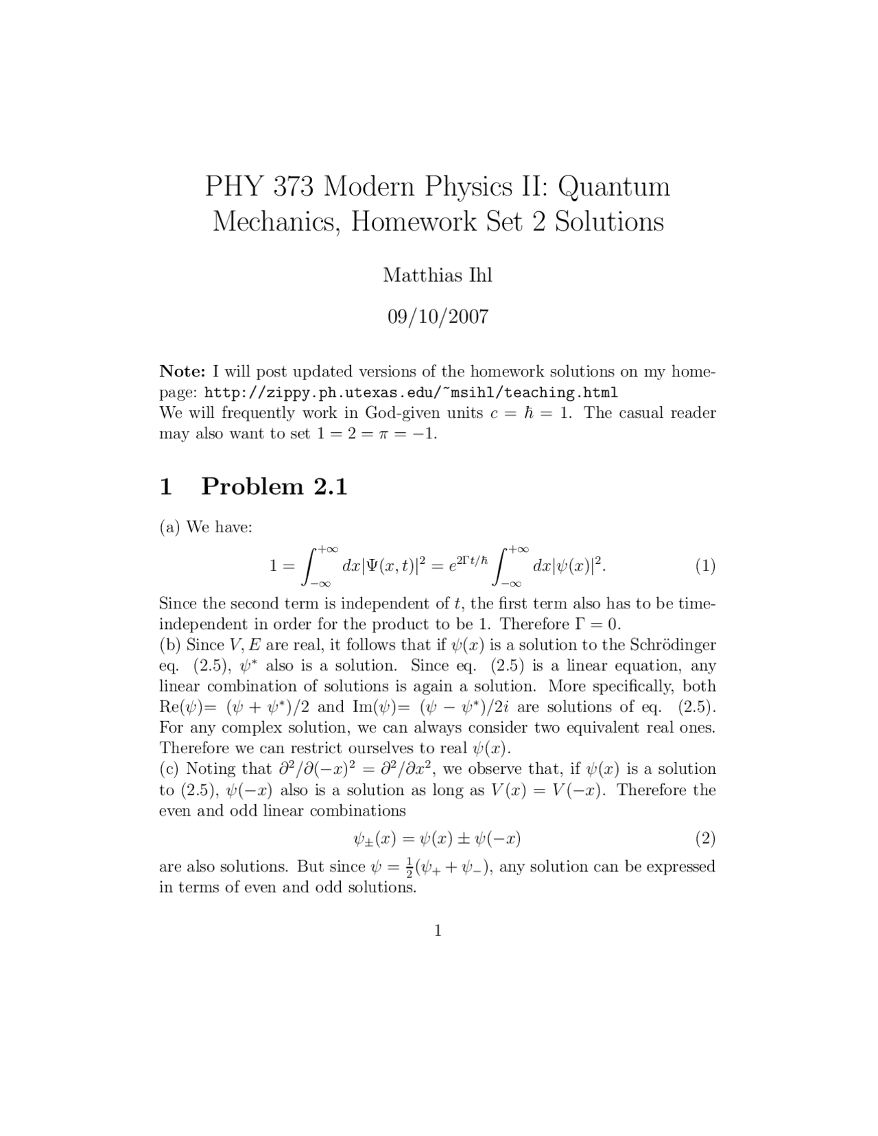 Homework Set 2 with Solutions for Modern Physics II Quantum Mechanics