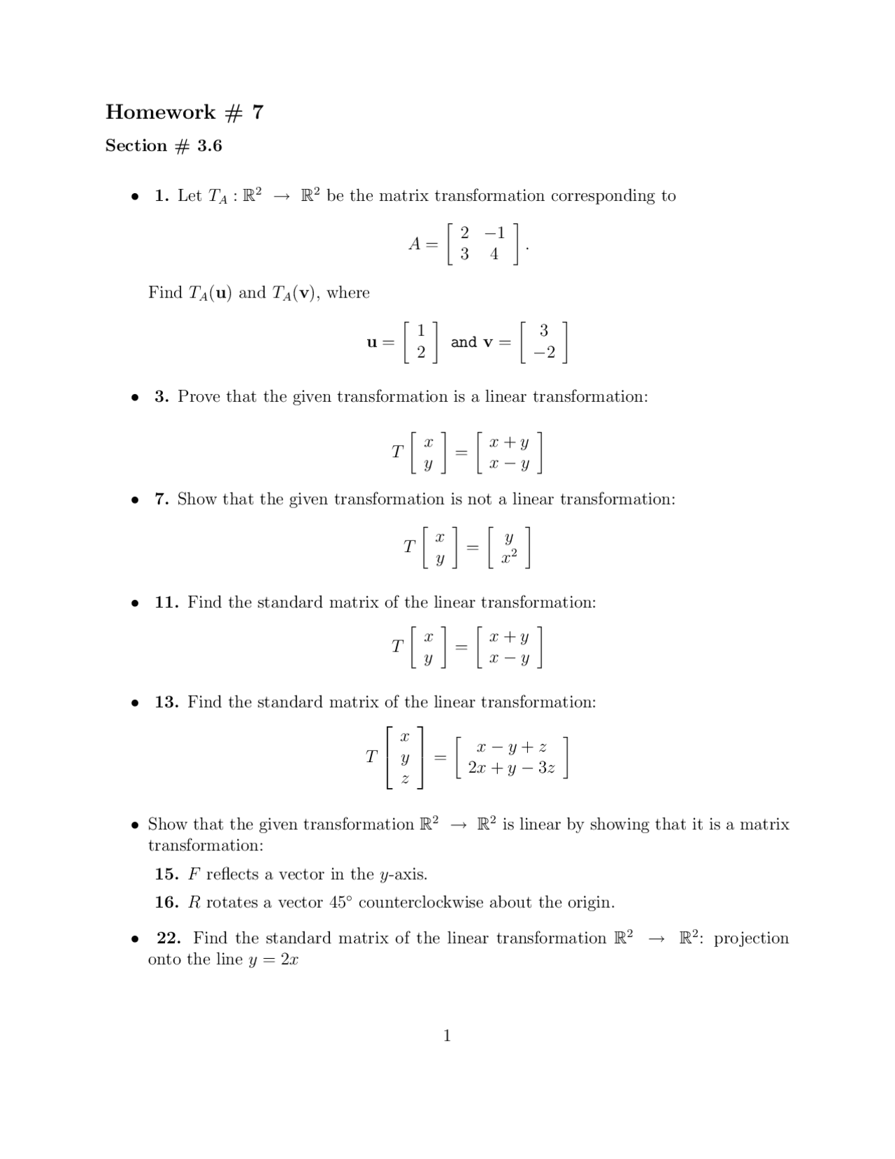 Introduction to Linear Algebra - Problem Set 7 | MATH 215 - Docsity