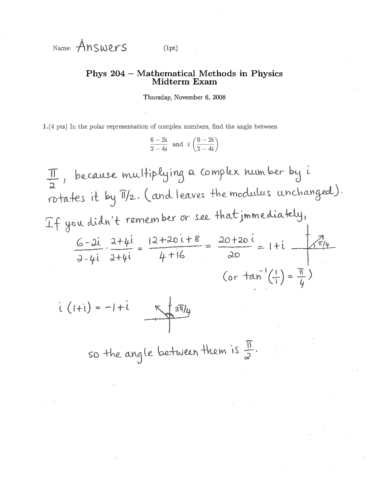 Answers Key Midterm Exam - Mathematical Techniques in Physics | PHYS ...