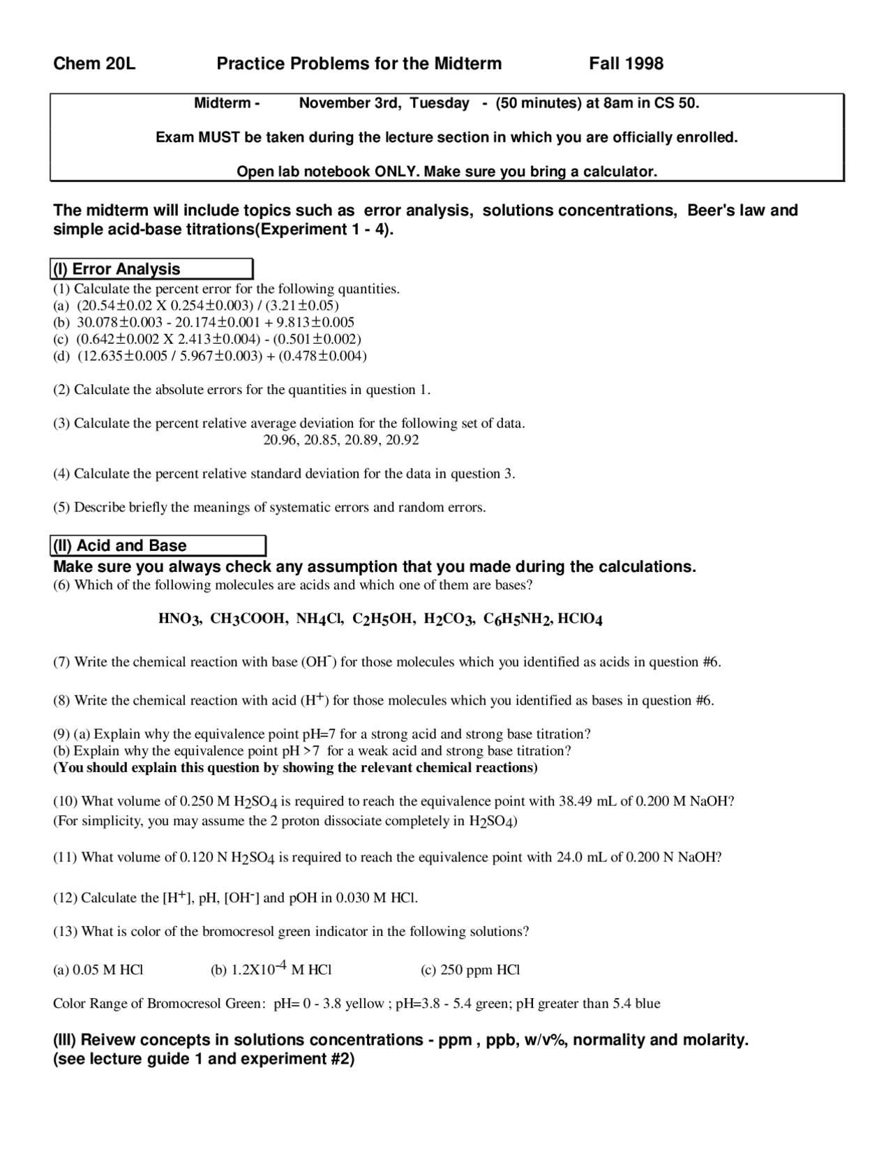 Error Analysis, Acid and Base General Chemistry Laboratory CHEM 20L
