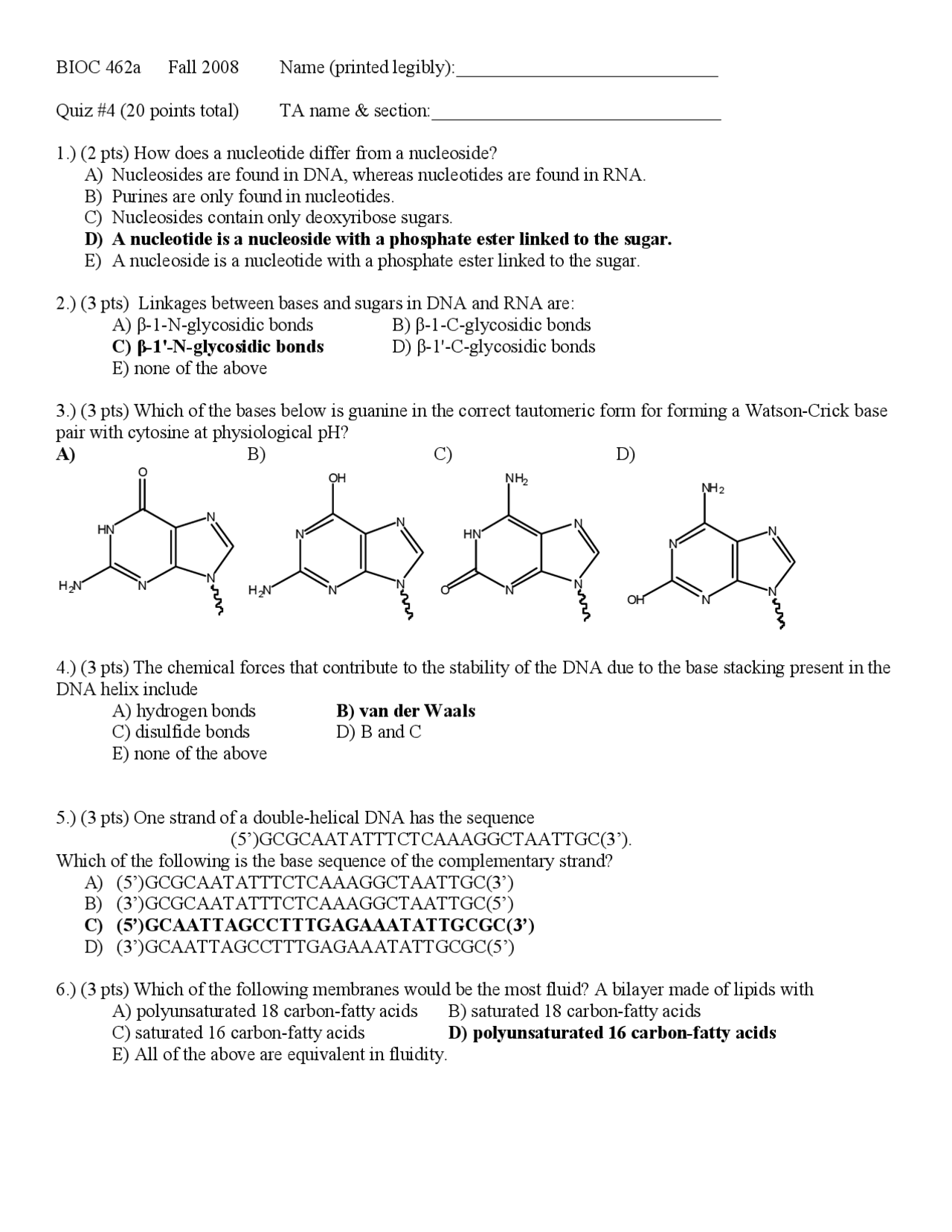 Bioengineering Test Questions Biochemistry - Solved 7 Multiple Choice Questions Quiz 4 - Fall 2008 ...