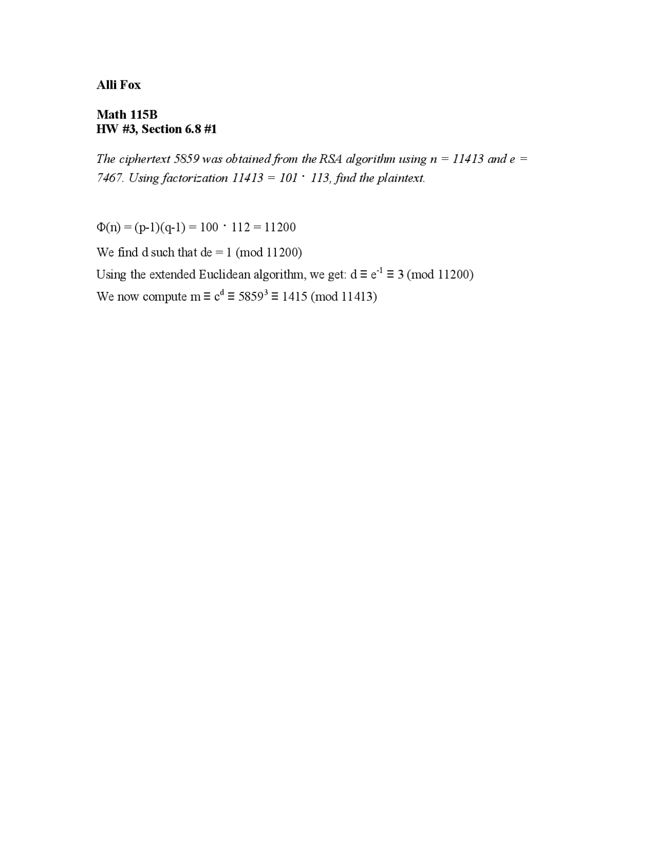 Homework 3 Introduction Number Theory MATH 115B Docsity