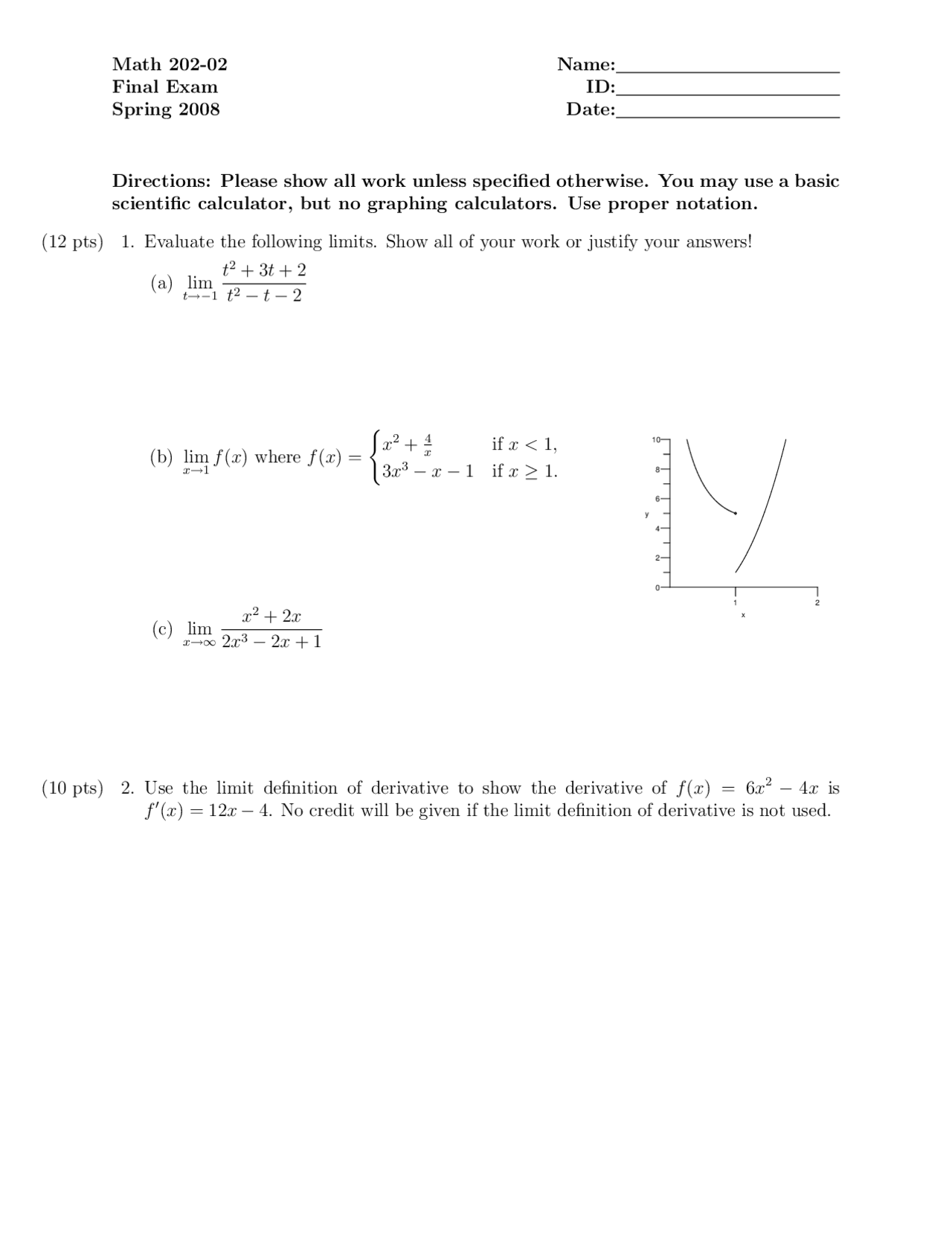 Final Exam for Calculus for Business and Economics | Math 202 - Docsity