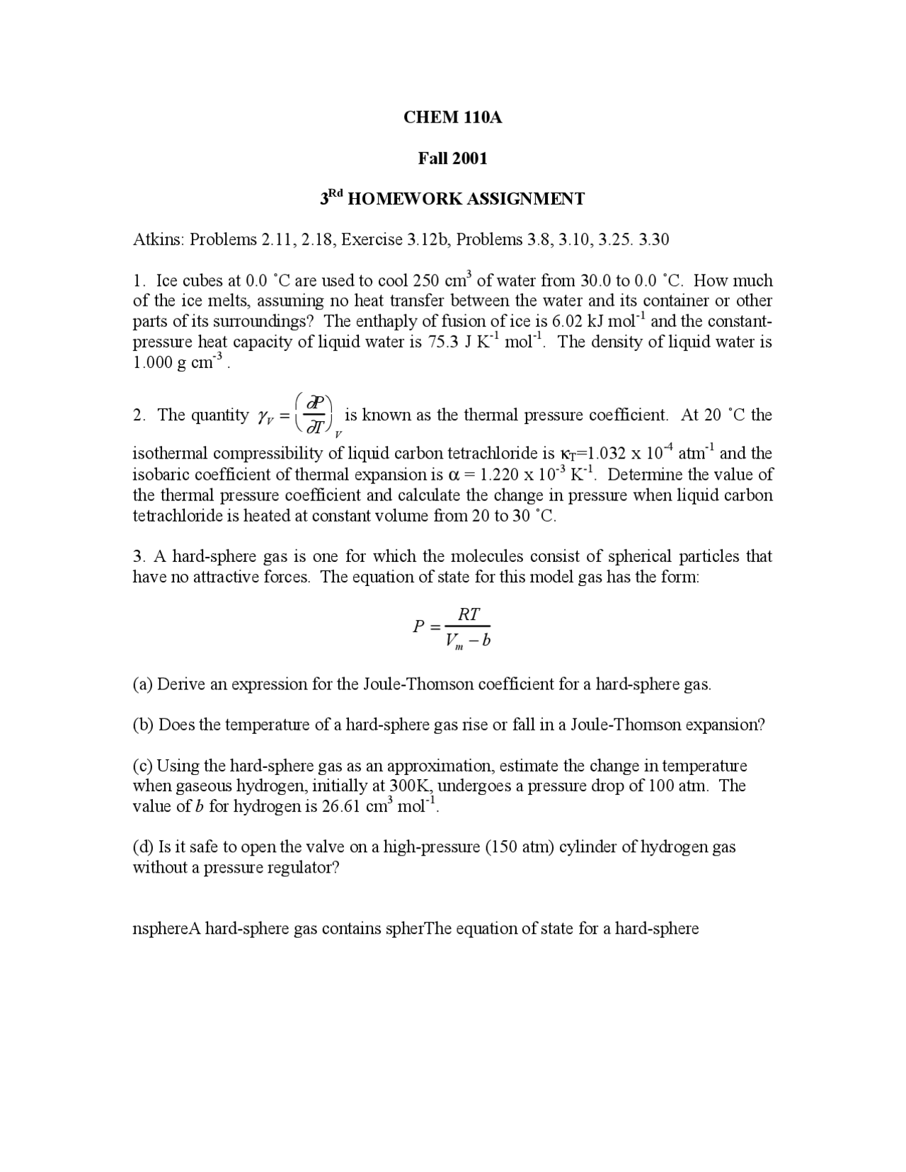 Problem Set 3 - Physical Chemistry: Chemical Thermodynamics | CHEM 110A ...