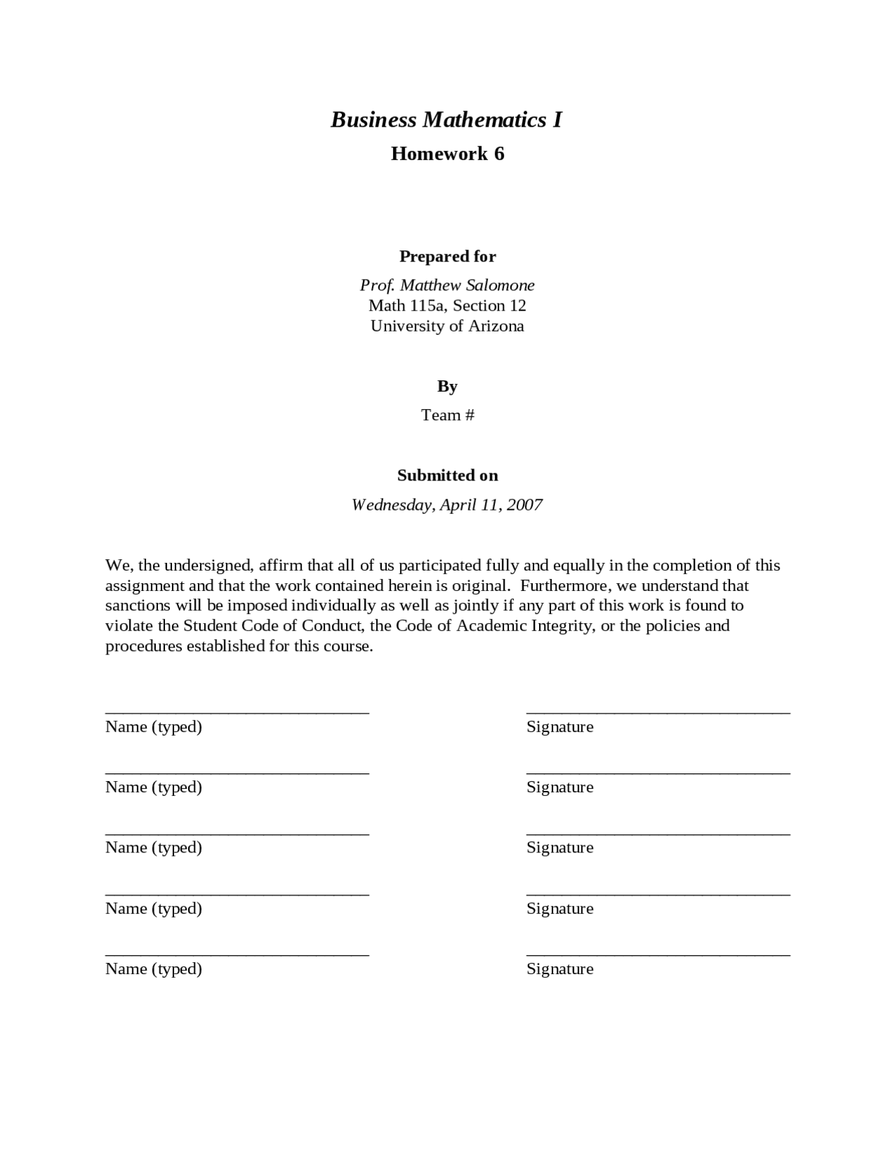 Business Mathematics I - Homework 6 Problems | MATH 115A - Docsity