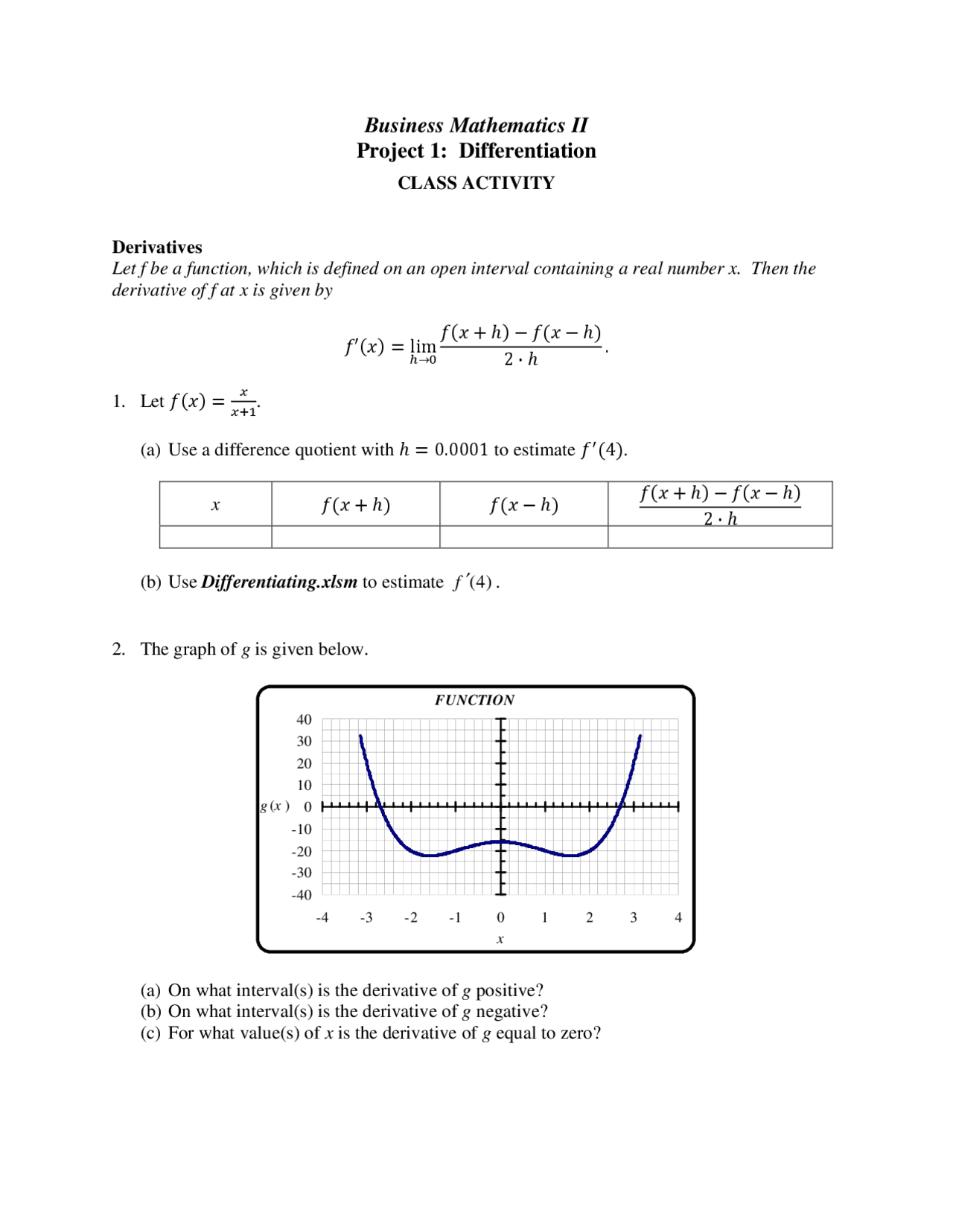 Project on Differentiation - Class Activity | MATH 115B - Docsity