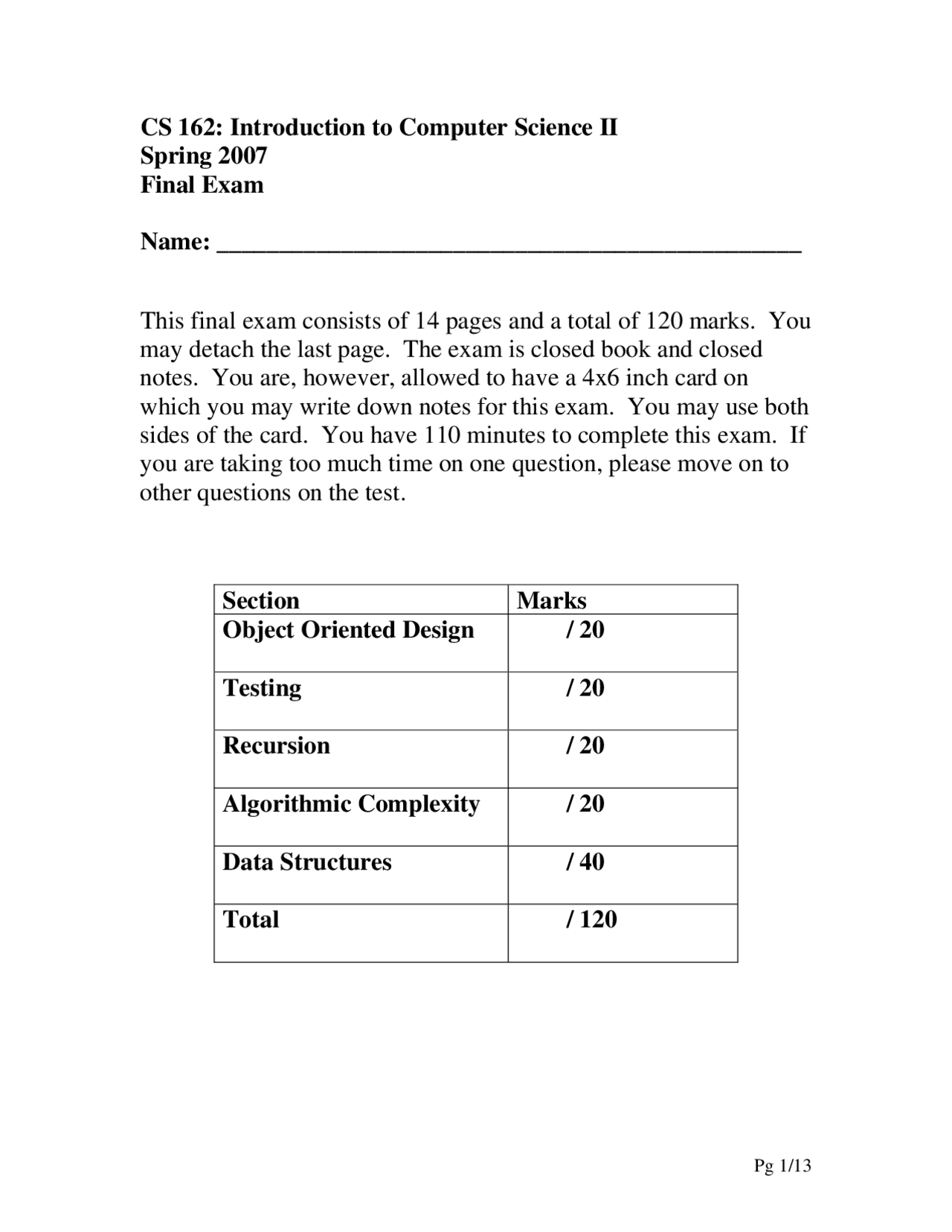 Final Exam - Introduction to Computer Science II - Spring 2007 | CS 162 ...