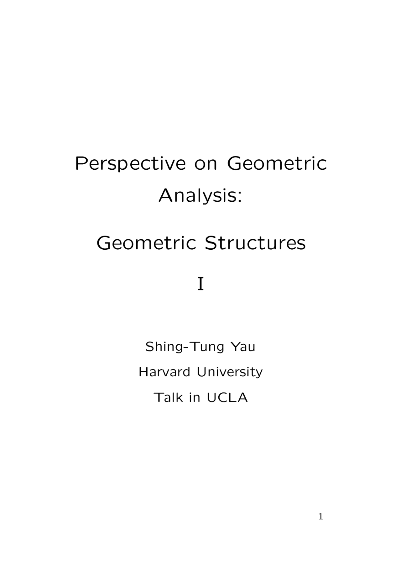 Perspective on Geometric Analysis: Geometric Structures I | MATH 0209A ...