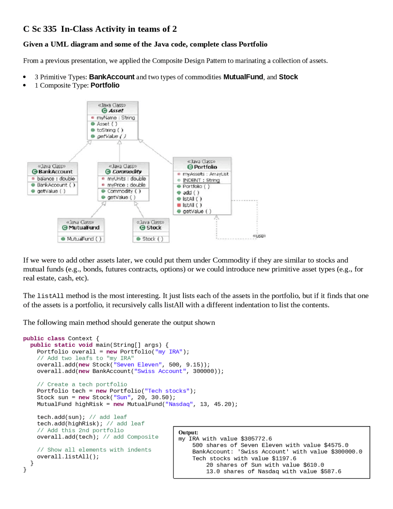 UML Diagram and Some of the Java Code, Complete Class Portfolio | C SC ...