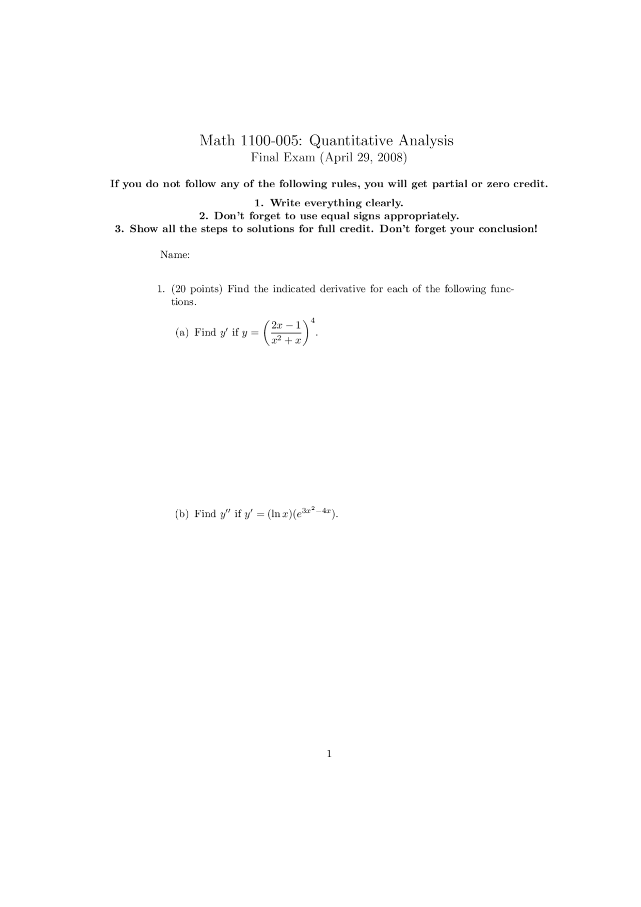 8 Problems of Quant Analysis - Final Exam | MATH 1100 - Docsity