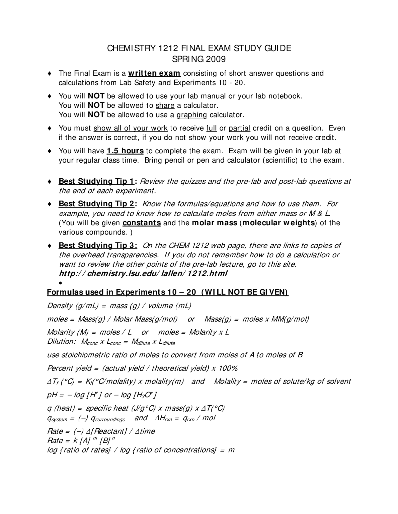 Final Exam Study Guide for General Chemistry Lab | CHEM 1212 - Docsity