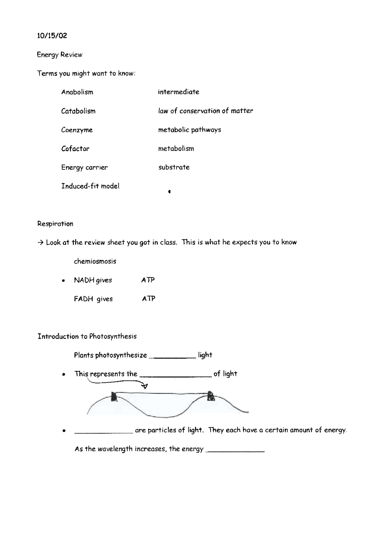 Energy Review Sheet Laboratory BIO 1101 Docsity