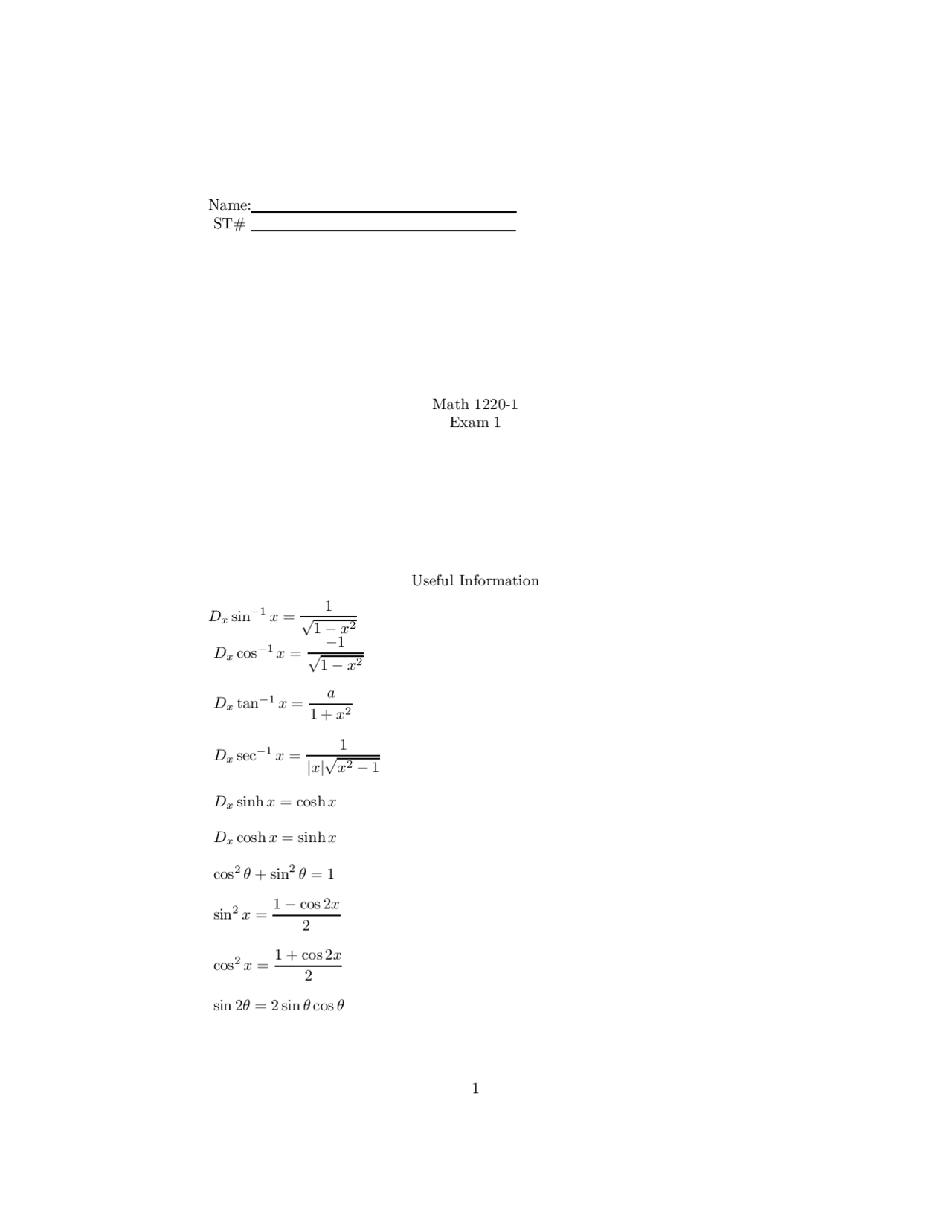 Practice Problems for Exam 1 - Calculus II | MATH 1220 - Docsity