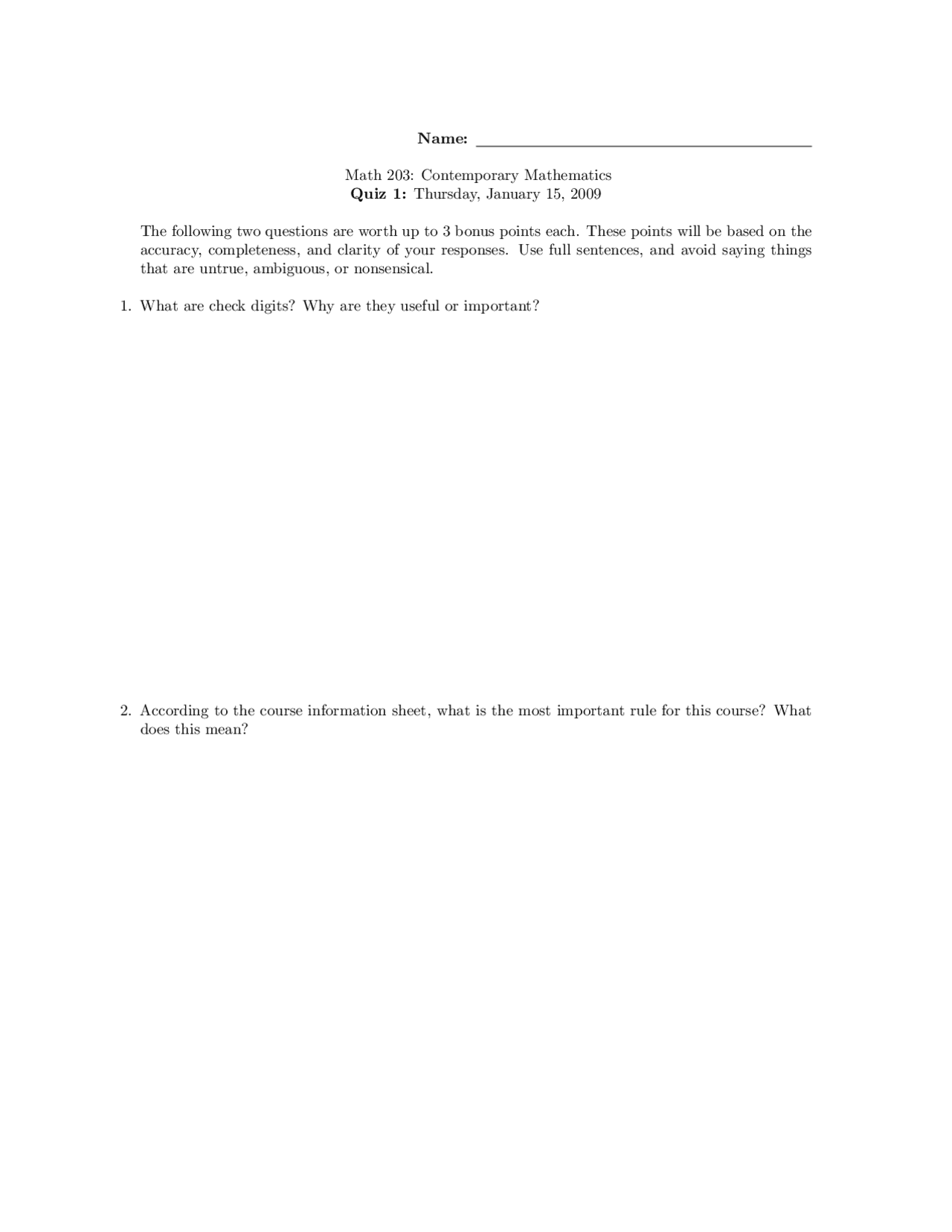 Quiz 1 for Contemporary Mathematics | MATH 203 - Docsity