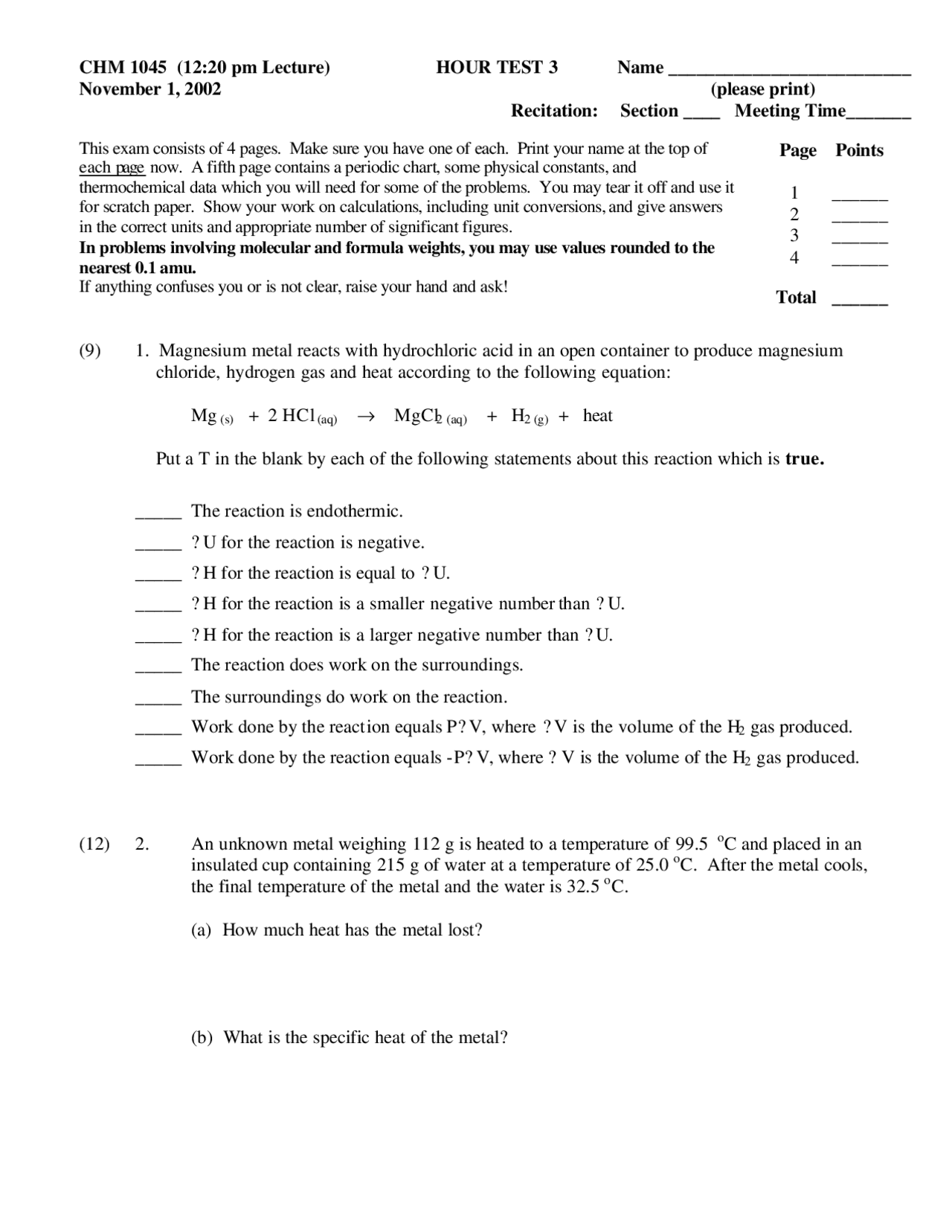 Test 3 Practice Questions - General Chemistry I - Fall 2002 | CHM 1045 ...