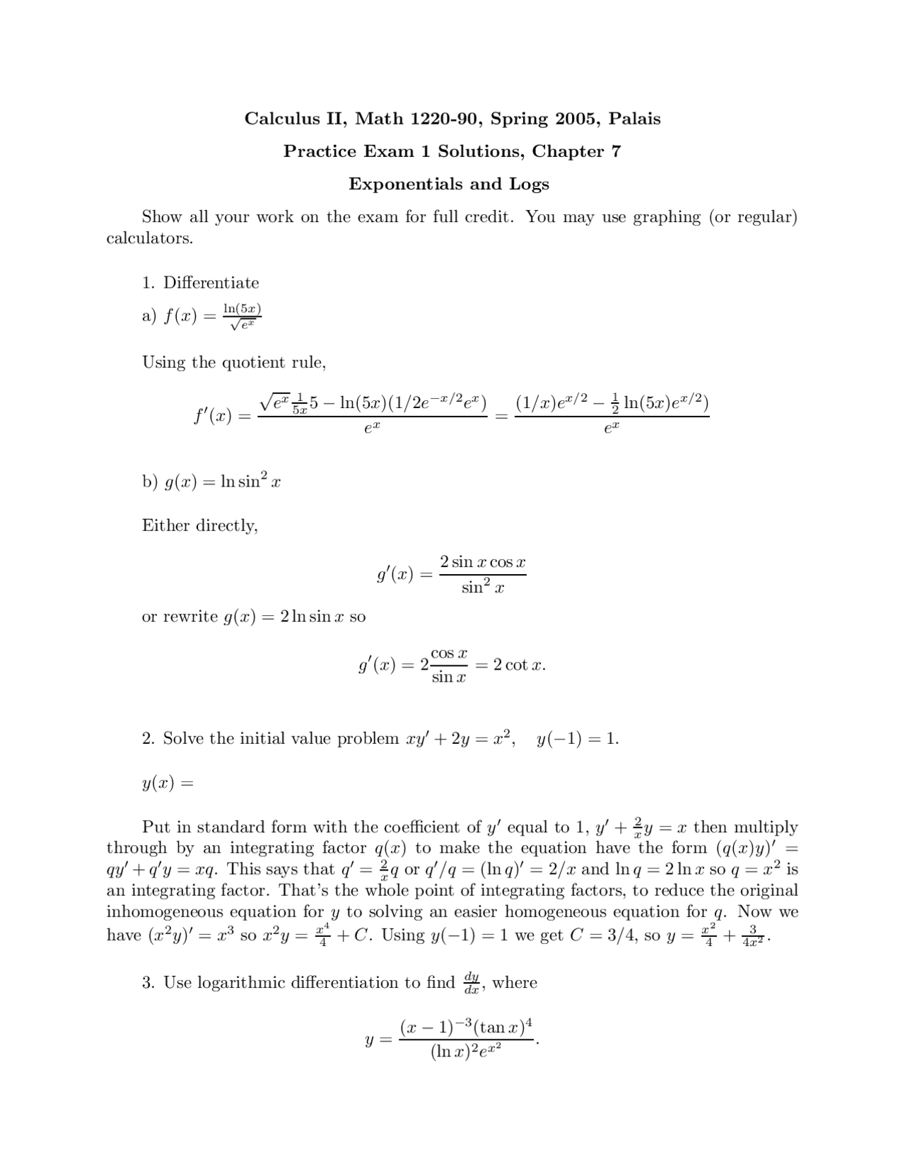 Calculus II: Practice Exam 1 Solutions for Chapter 7 - Exponentials and ...