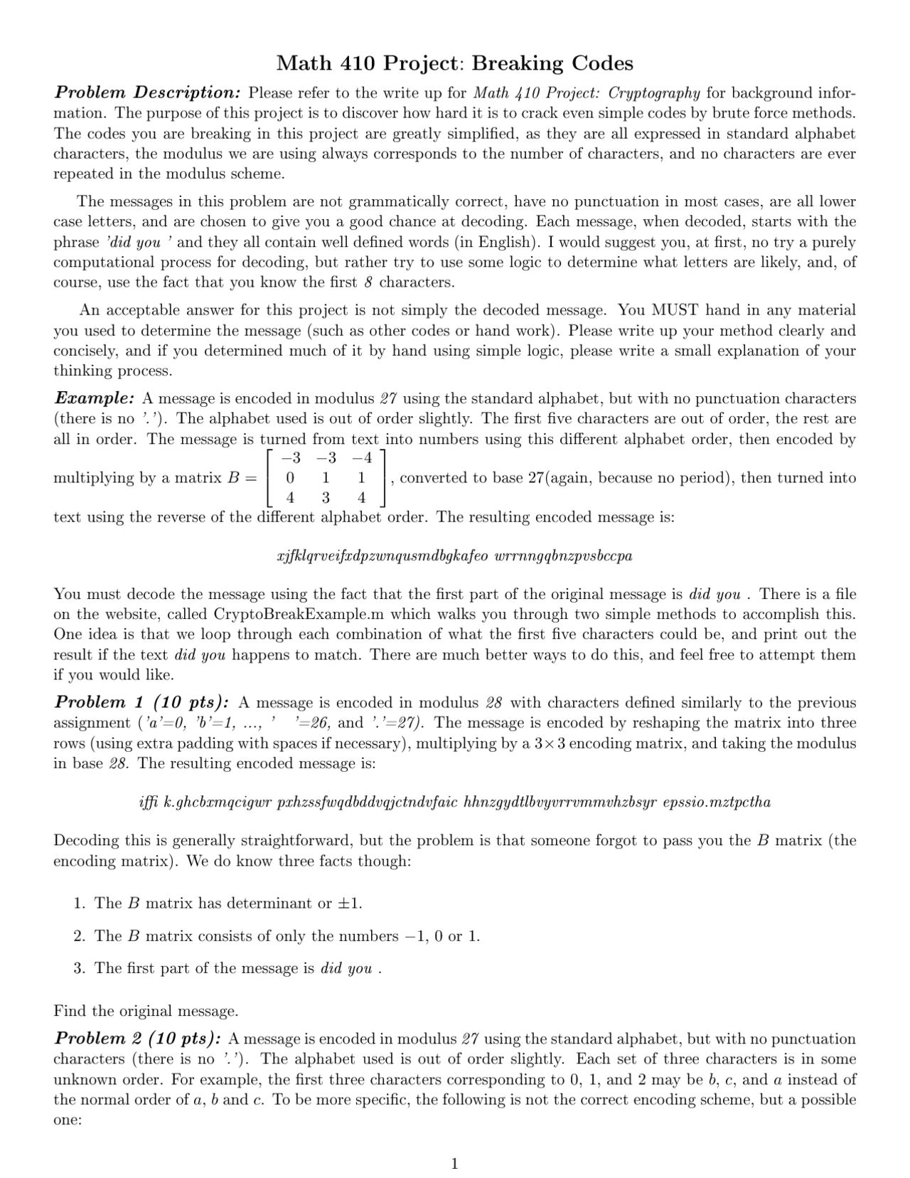 Project: Breaking Codes - Matrix Analysis | MATH 410 - Docsity