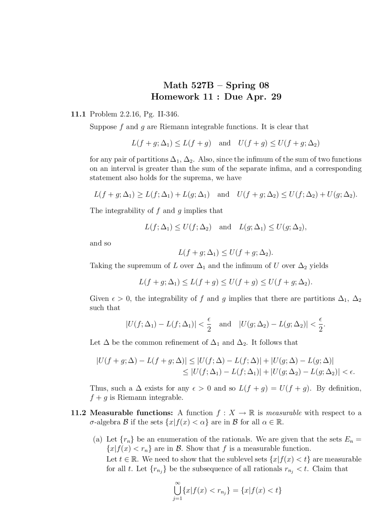 Assignment 11 Solutions For Principles Of Analysis Math 527a Docsity