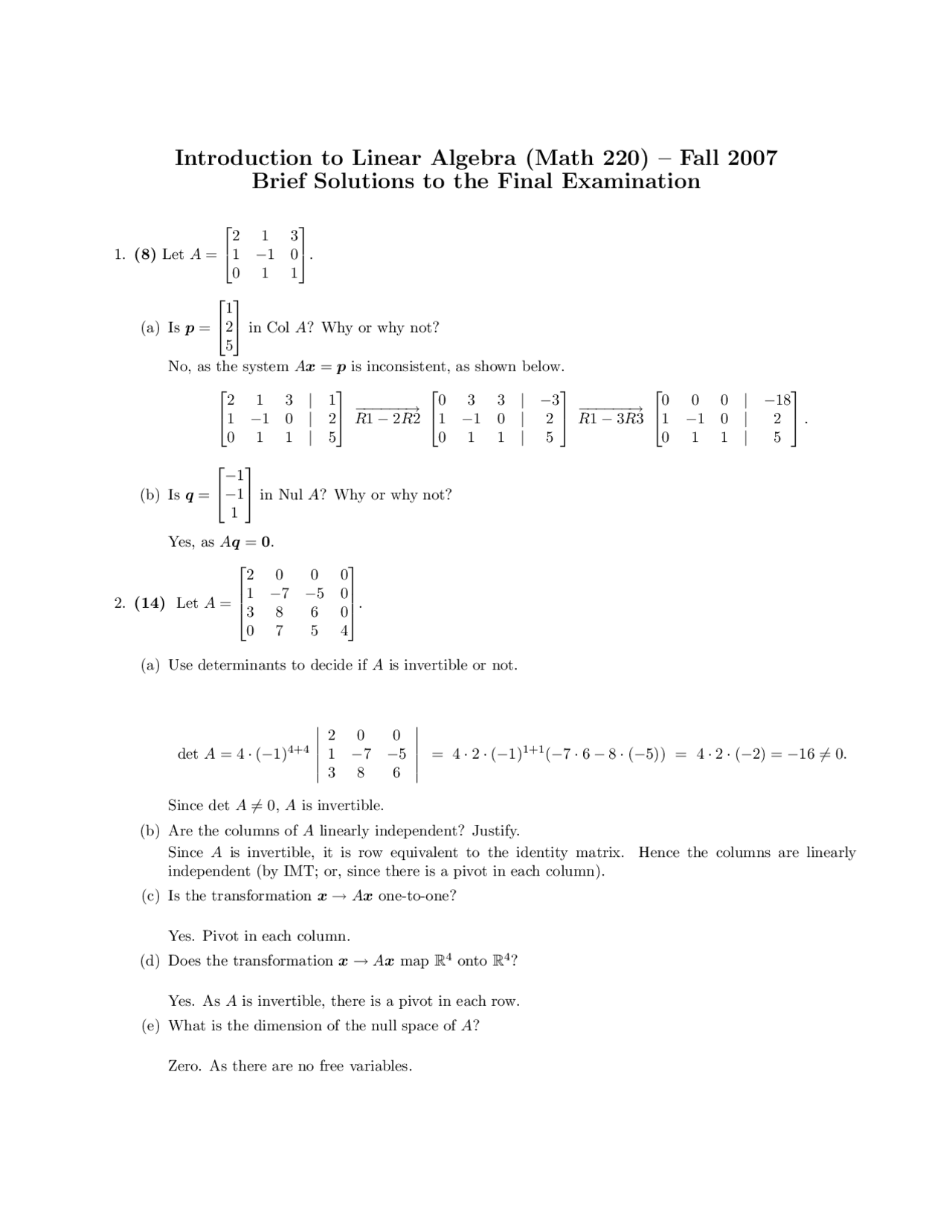 Solutions to Final Exam 2007 | Introductory Linear Algebra | Math 220 ...