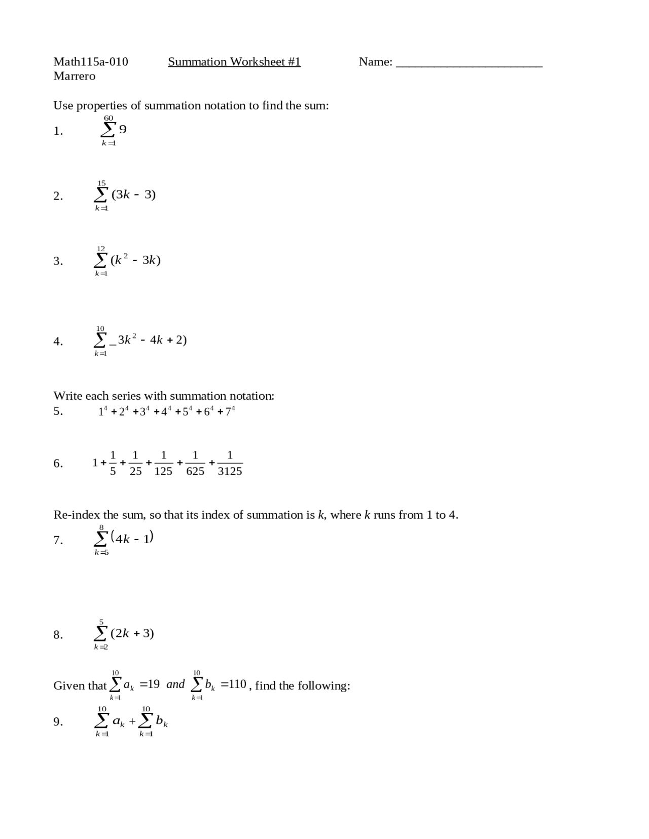 Summation Worksheet 1 for Business Mathematics I | MATH 115A - Docsity