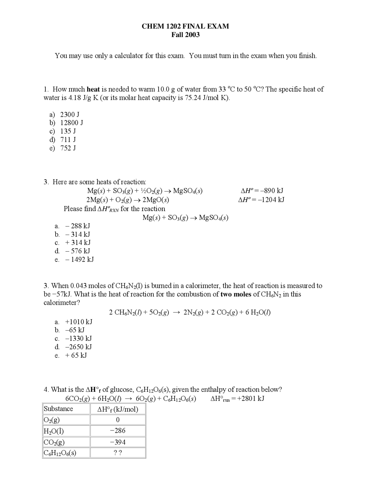 Final Exam with Answer Key - General Chemistry | CHEM 1202 - Docsity