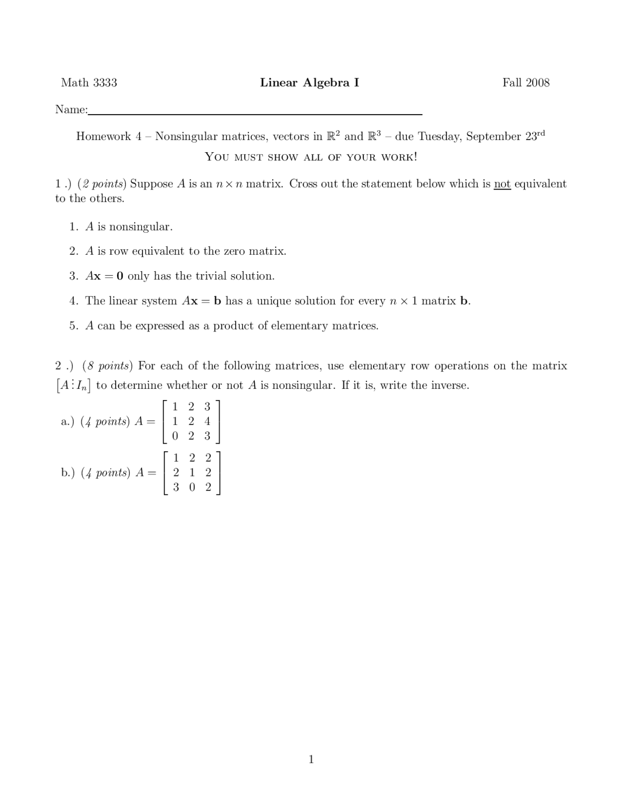 Questions for Practice Assignment 4 - Linear Algebra I | MATH 3333 ...