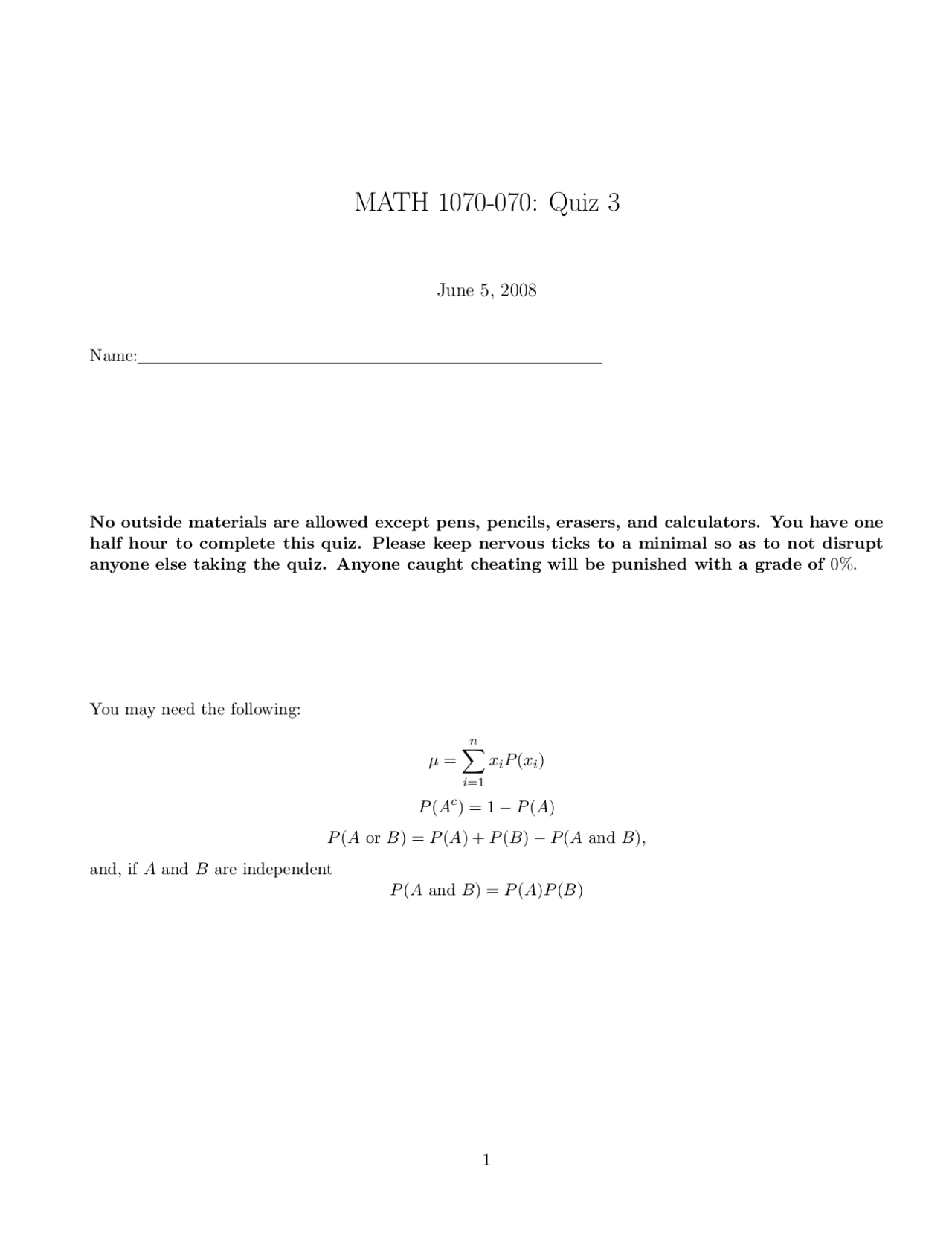 Inferential Math Questions Quiz 3 for Introduction Statistics Inference | MATH 1070 | Quizzes ...