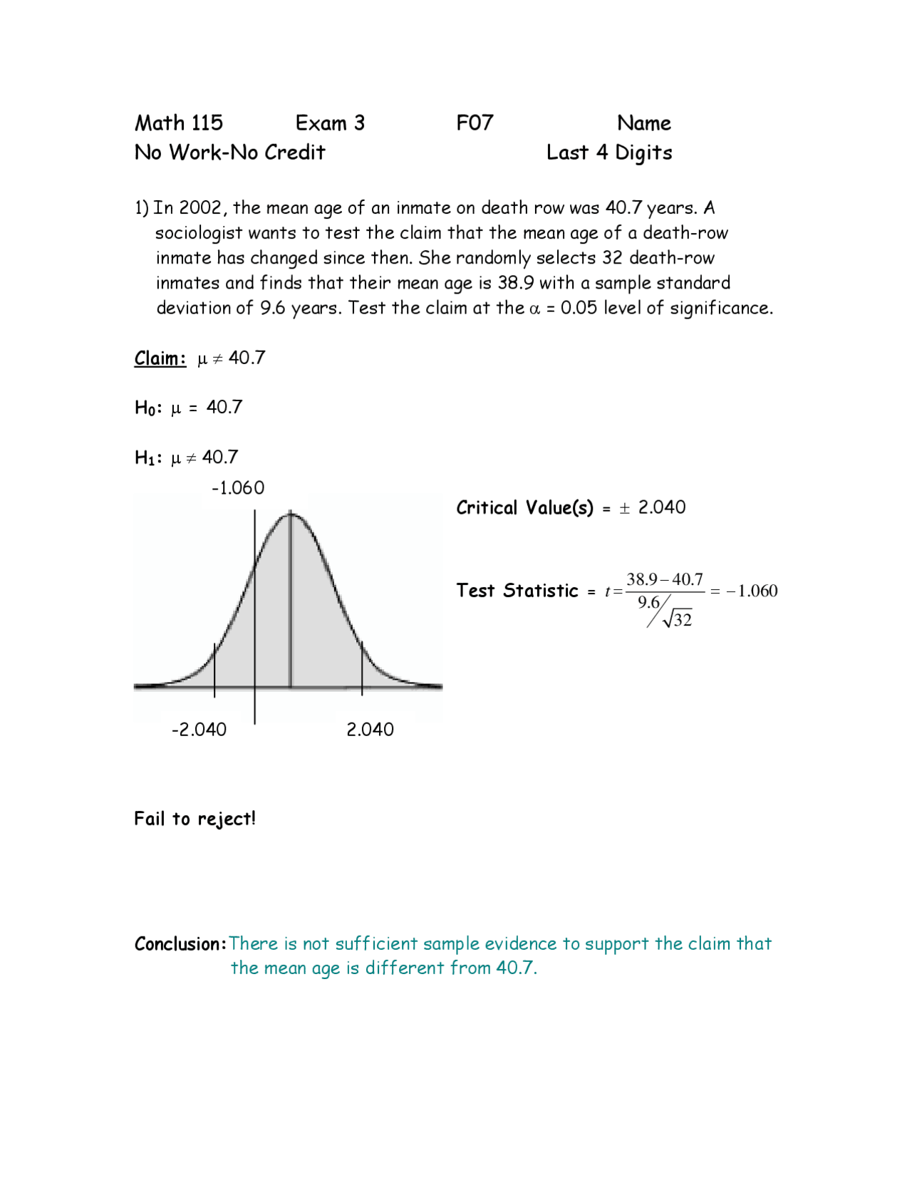 Practice Questions for Exam 3 - Statistical Reasoning | MATH 115 - Docsity