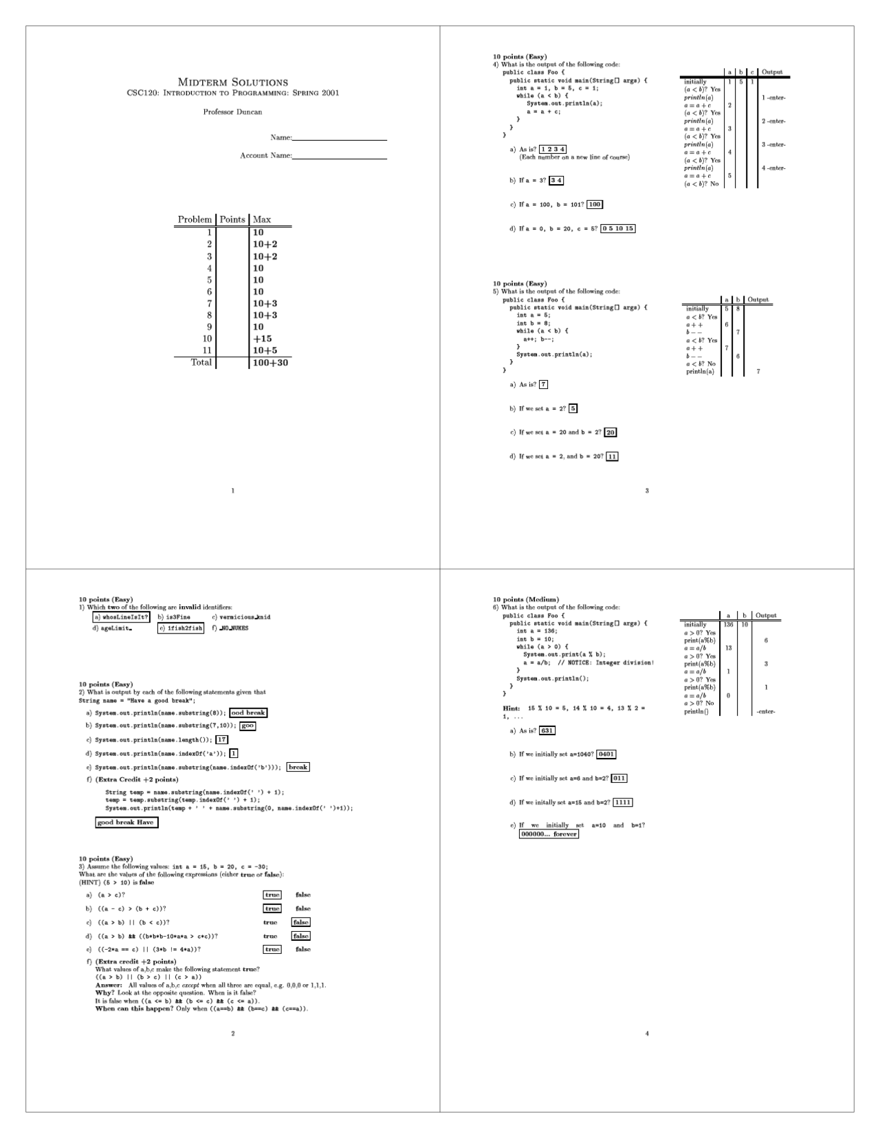 Midterm Exam Solutions Spring 01 Computer Programming I Csc 1 Docsity