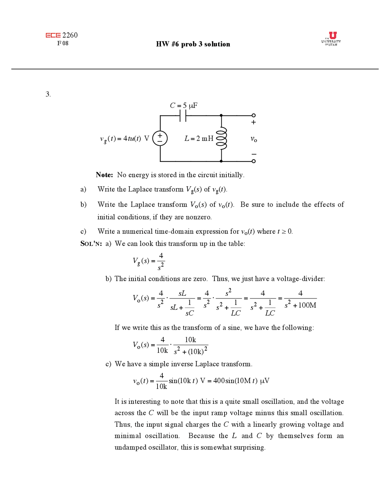 Assignment 6 Solutions - Fundamental Electric Circuits | ECE 2260 - Docsity