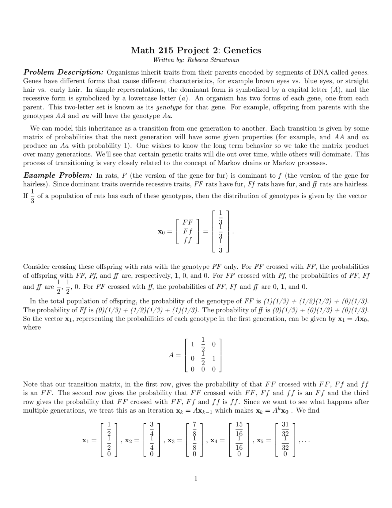 Project 2: Genetics - Introduction to Linear Algebra | MATH 215 - Docsity
