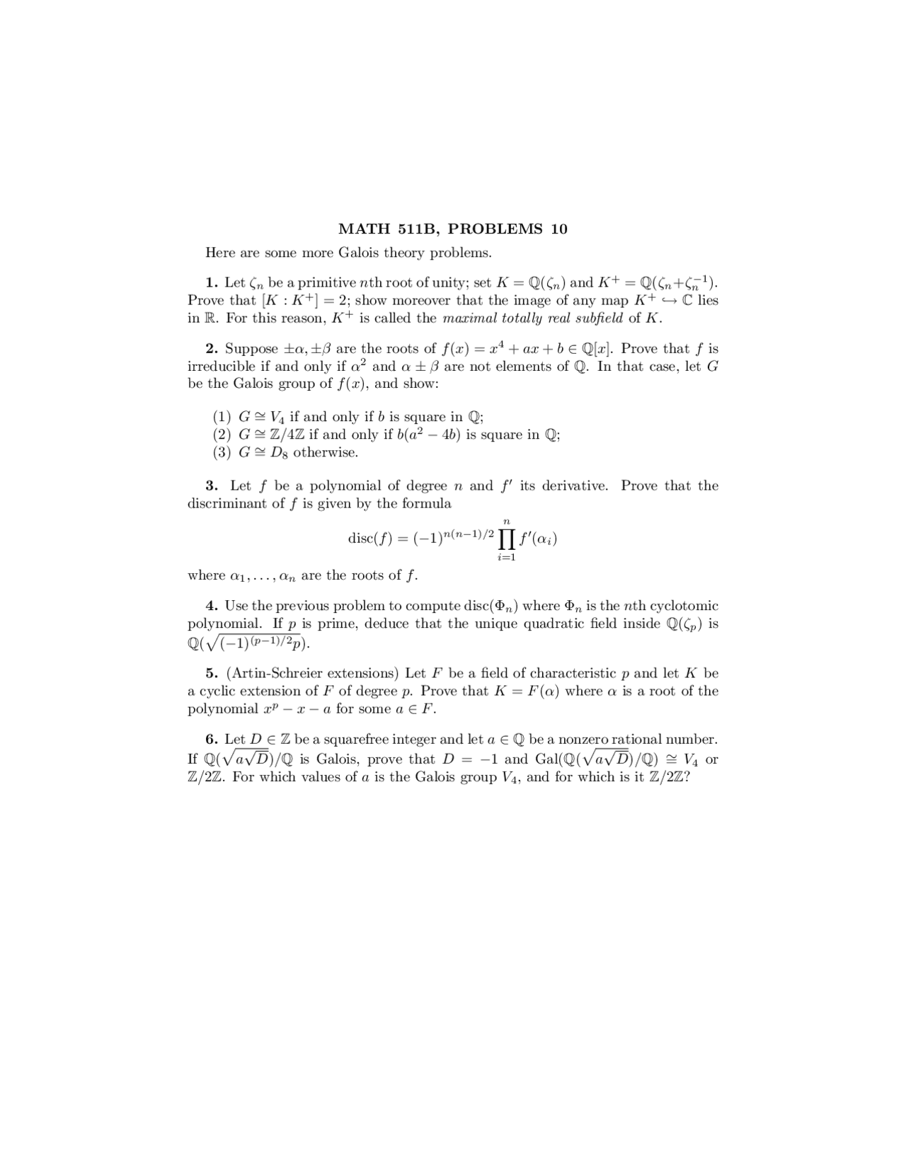 6 Unsolved Questions on Algebra - Problems 10 | MATH 511A - Docsity
