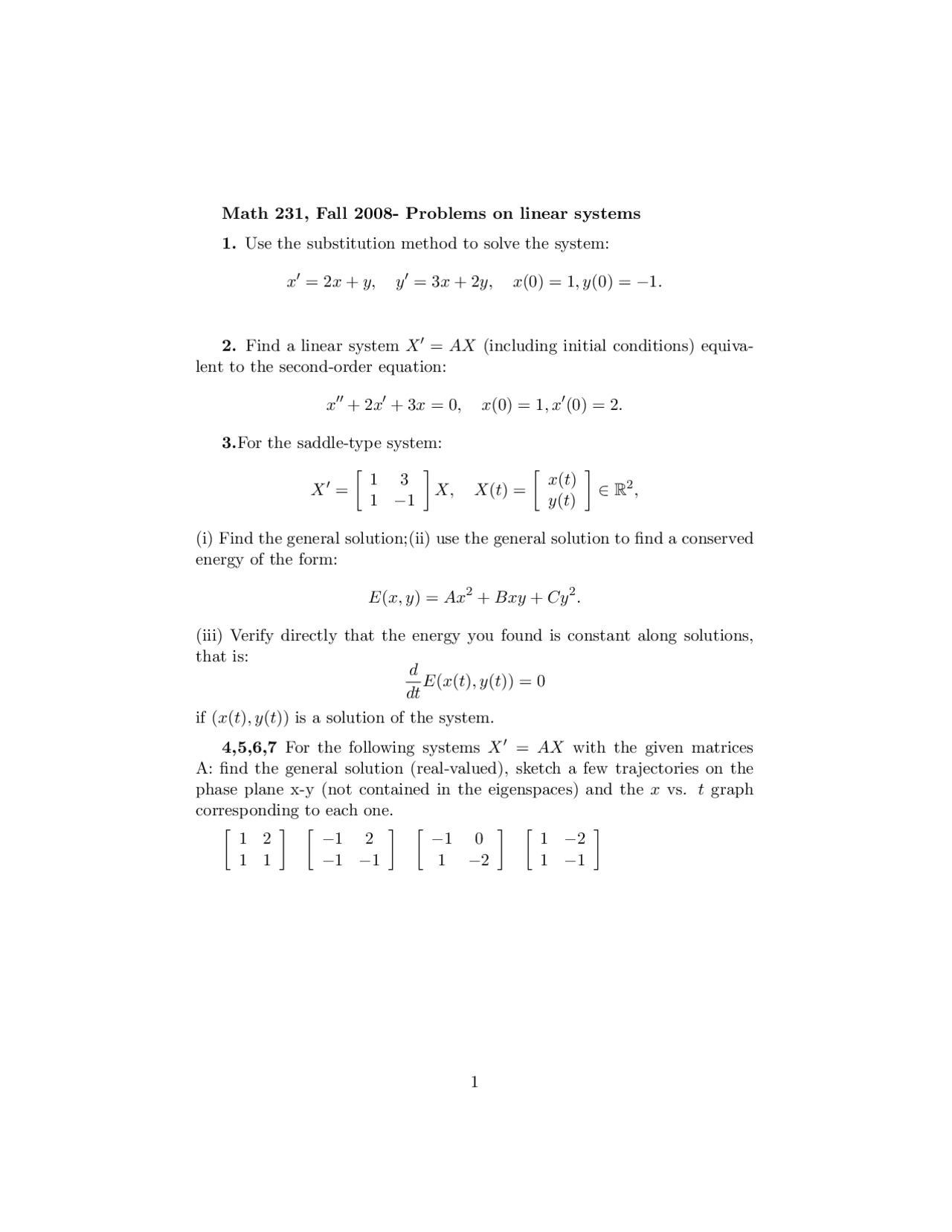 Problems on Linear Systems for Differential Equations I | MATH 231 ...