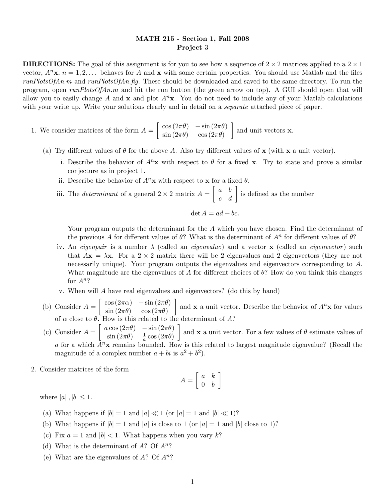 Project 3 - Fall 2008 - Introduction to Linear Algebra | MATH 215 - Docsity