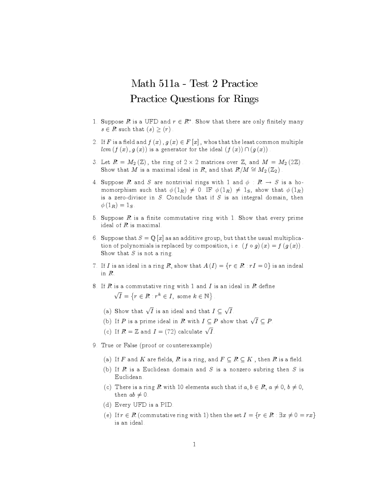 Math Ring Questions Practice Questions for Rings - Practice Test 2 | MATH 511A - Docsity