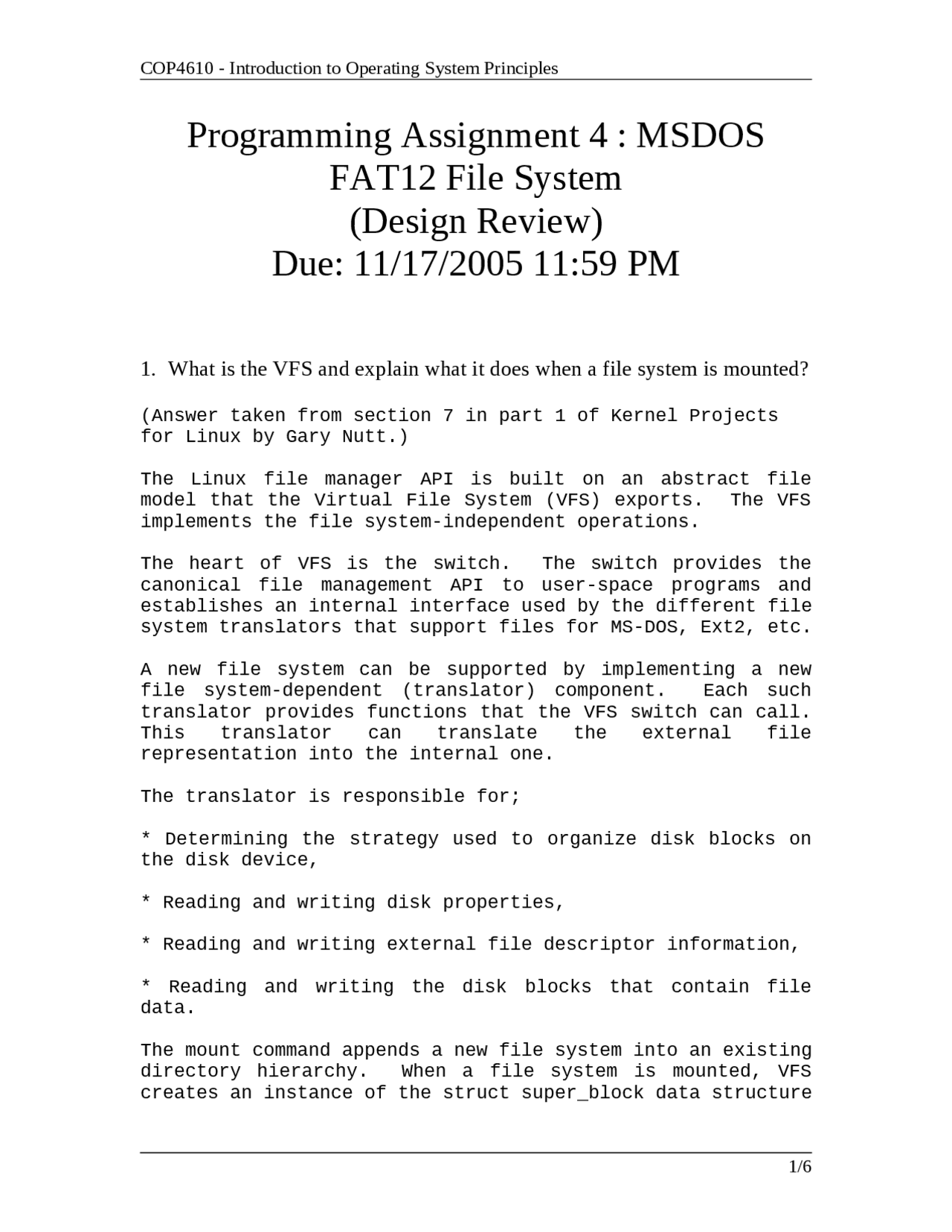 Programing Assignment 2 - MS DOS FAT12 File System | COP 4610 - Docsity