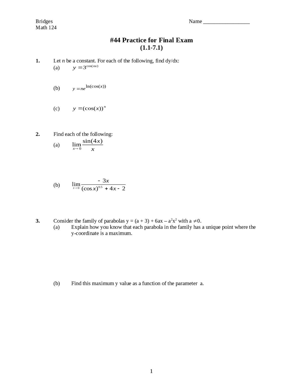 10 Questions for Practice Final Exam 1 - Calculus I with Applications ...
