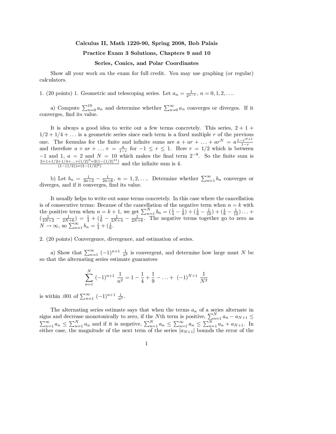Practice Examination 3 Solutions - Calculus II | MATH 1220 - Docsity