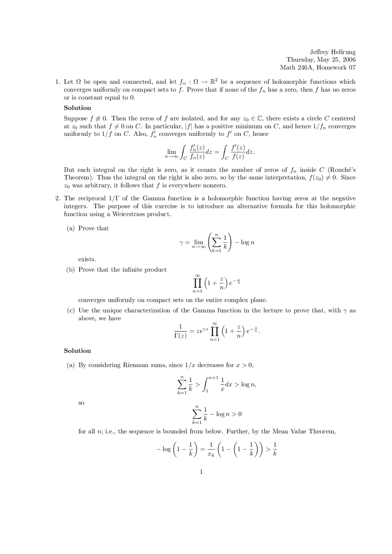 Solved Questions for Complex Analysis - Assignment 7 | MATH 246A - Docsity