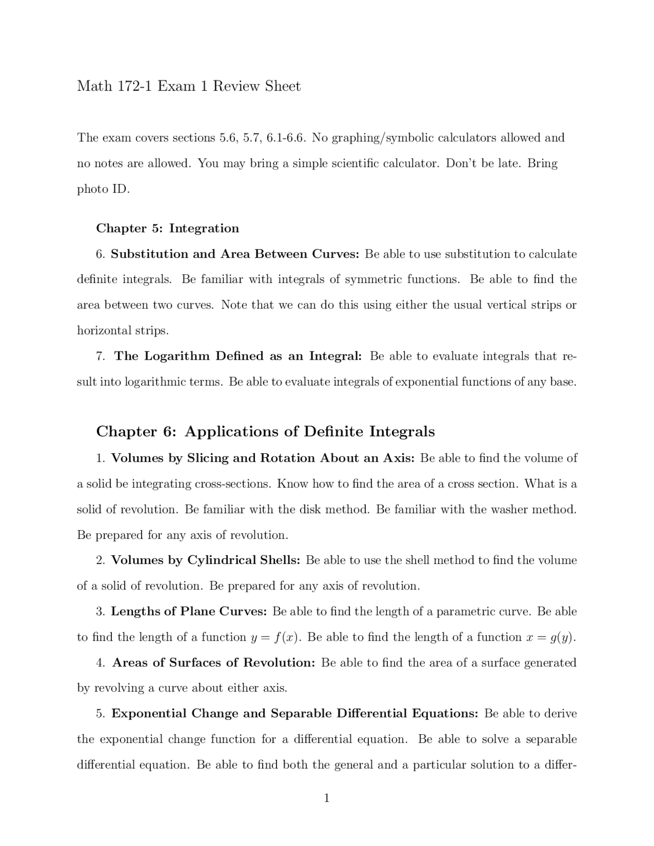 Exam 1 Review Sheet, Integration - Calculus II | Math 172 - Docsity