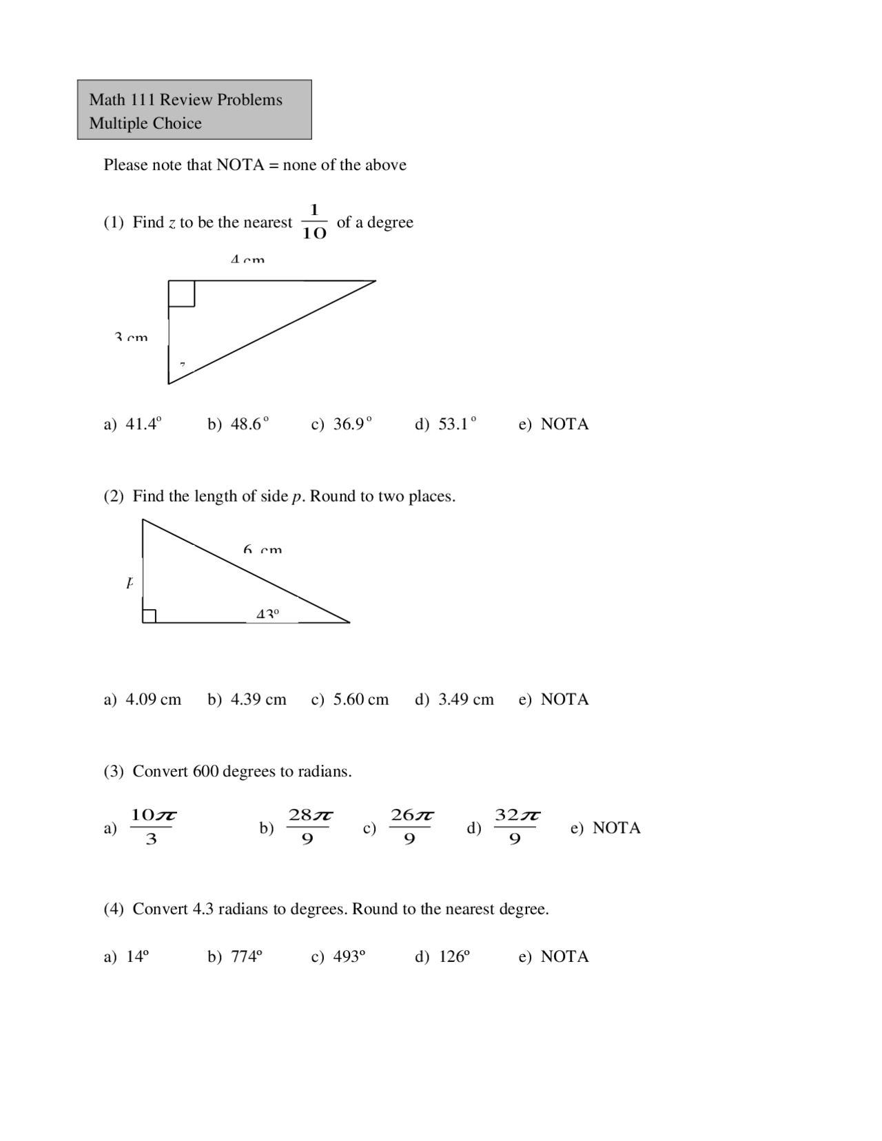 Review Problems Multiple Choice Plane Trigonometry Math 111 Docsity Review Problems Multiple Choice Plane Trigonometry Math 111 Docsity