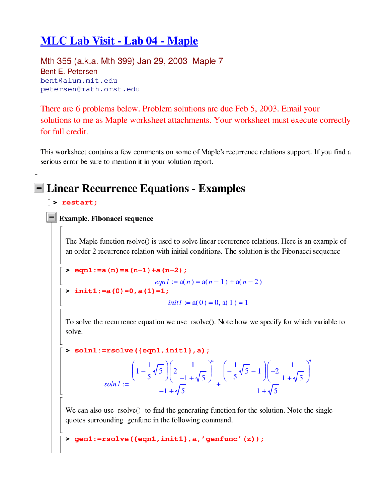 Maple Math Worksheet MLC Lab Visit-Lab 4: Maple - Discrete Mathematics | MTH 355 - Docsity